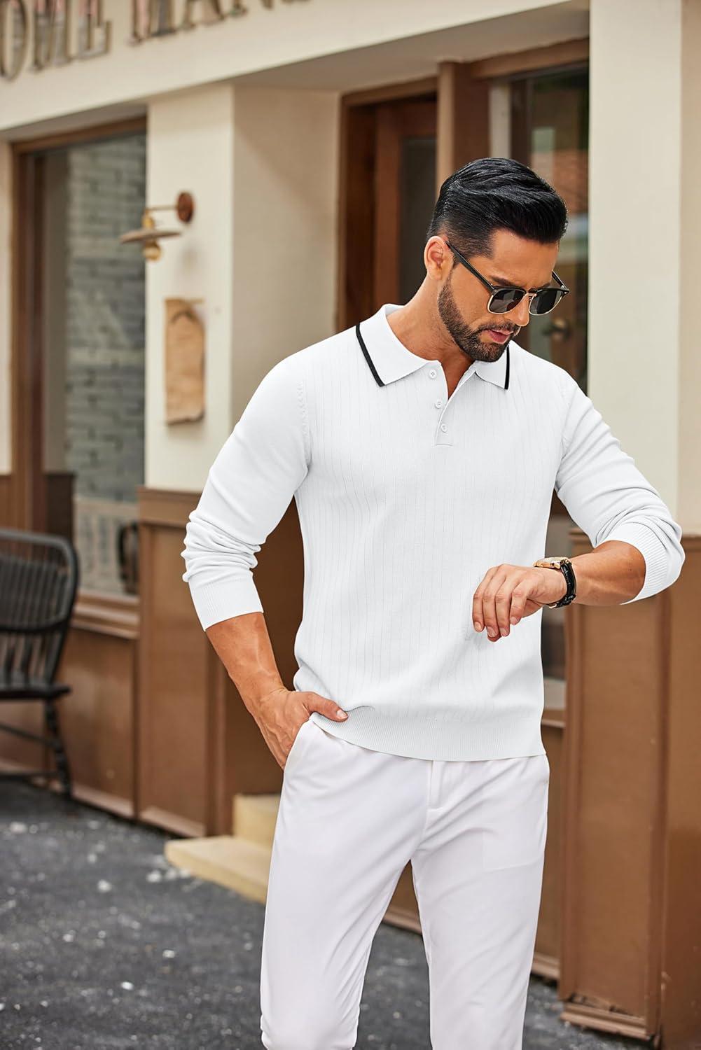 imageCOOFANDY Mens Knit Polo Sweater Casual Long Sleeve Polo Sweater Lightweight Button Down Golf Pullover SweatersWhite