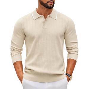 COOFANDY Men’s Knit Polo Sweater Casual Long Sleeve Polo Sweater Lightweight Button Down Golf Pullover Sweaters(Beige)