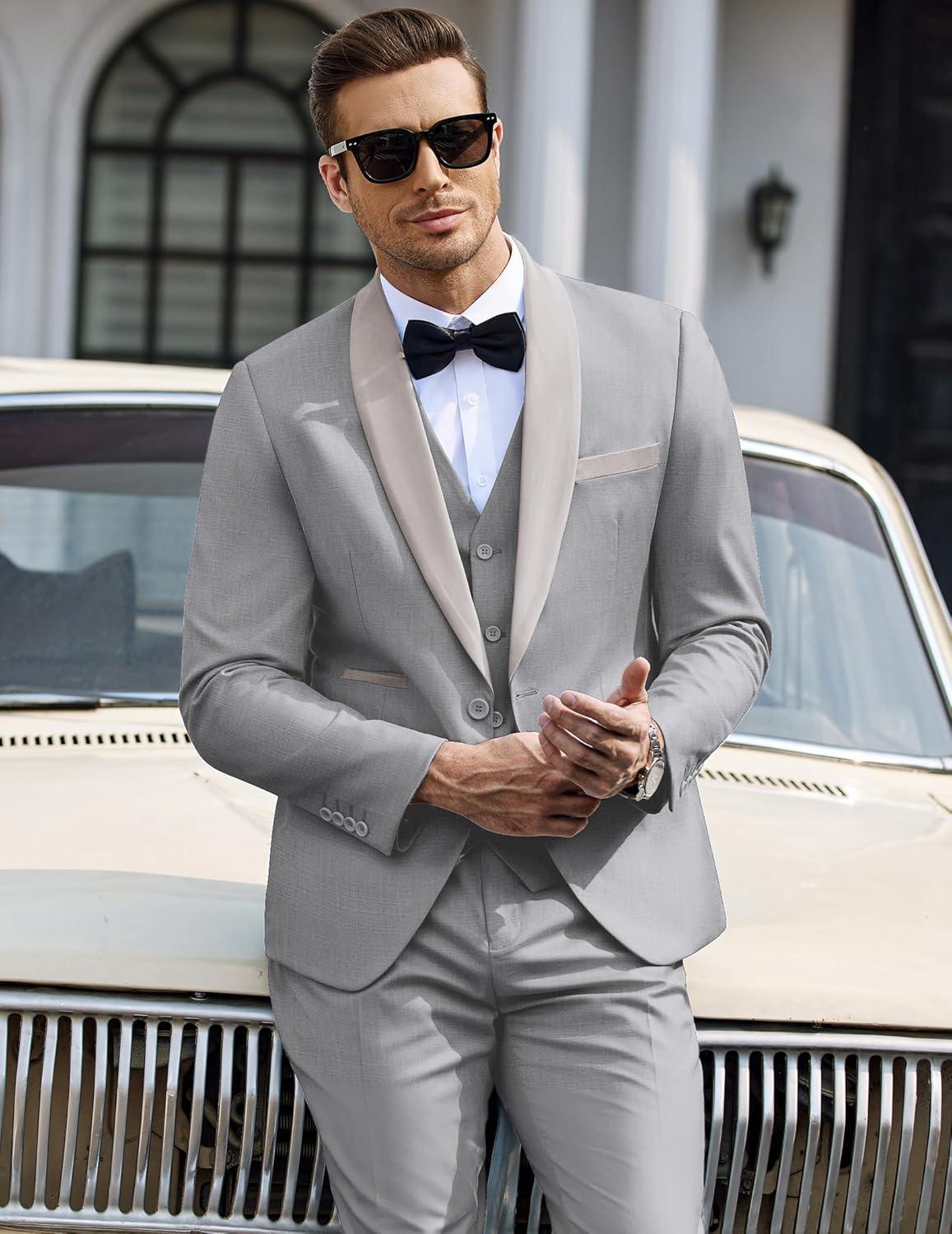 imageCOOFANDY Mens 3 Pieces Suit Slim Fit Tuxedo Set One Button Shawl Lapel Dinner Prom Jacket Vest Pants with TieLight Grey