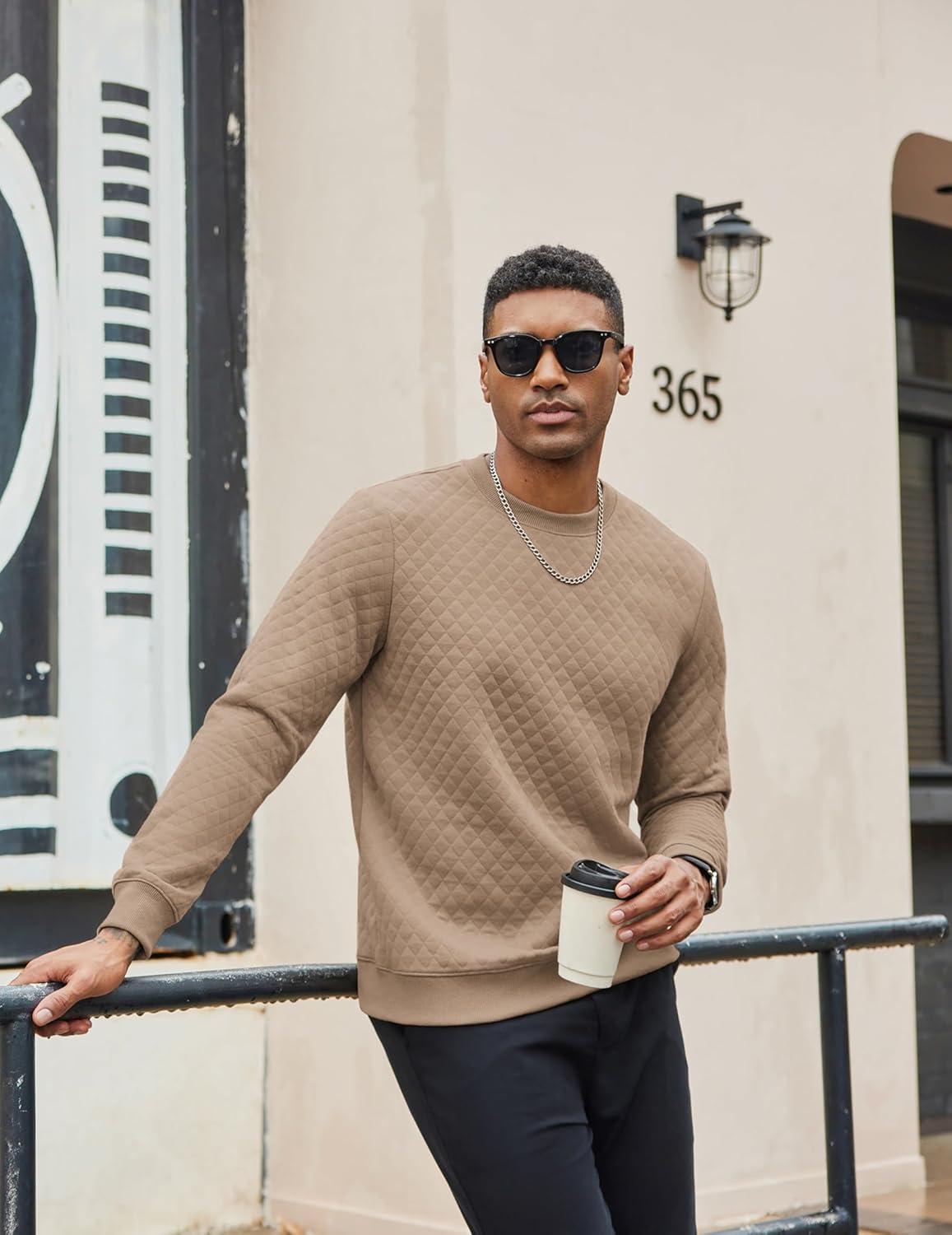 imageCOOFANDY Mens Crewneck Sweatshirt Geometric Texture Casual Long Sleeve Sweatshirts Fashion Pullover ShirtsKhaki