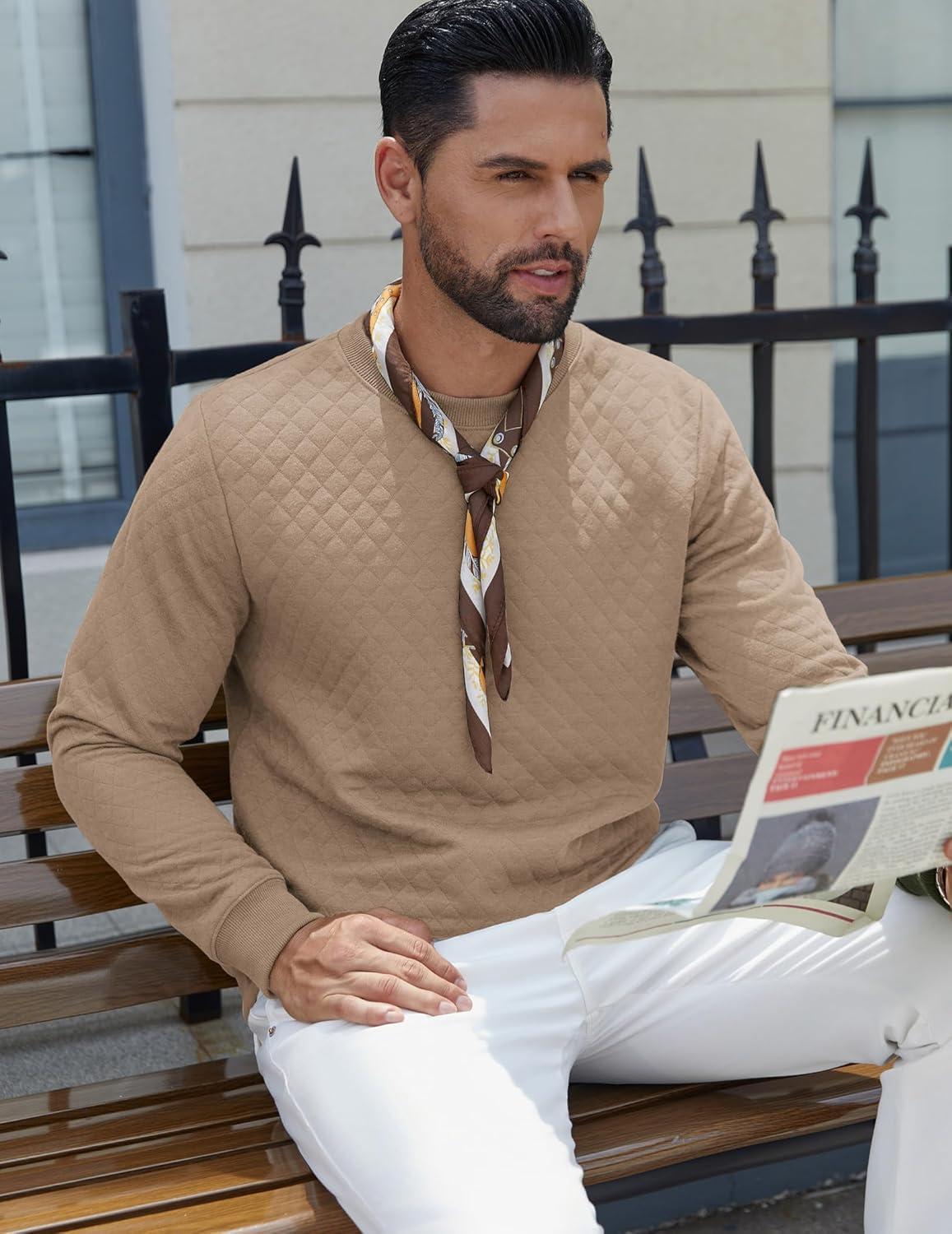 imageCOOFANDY Mens Crewneck Sweatshirt Geometric Texture Casual Long Sleeve Sweatshirts Fashion Pullover ShirtsKhaki