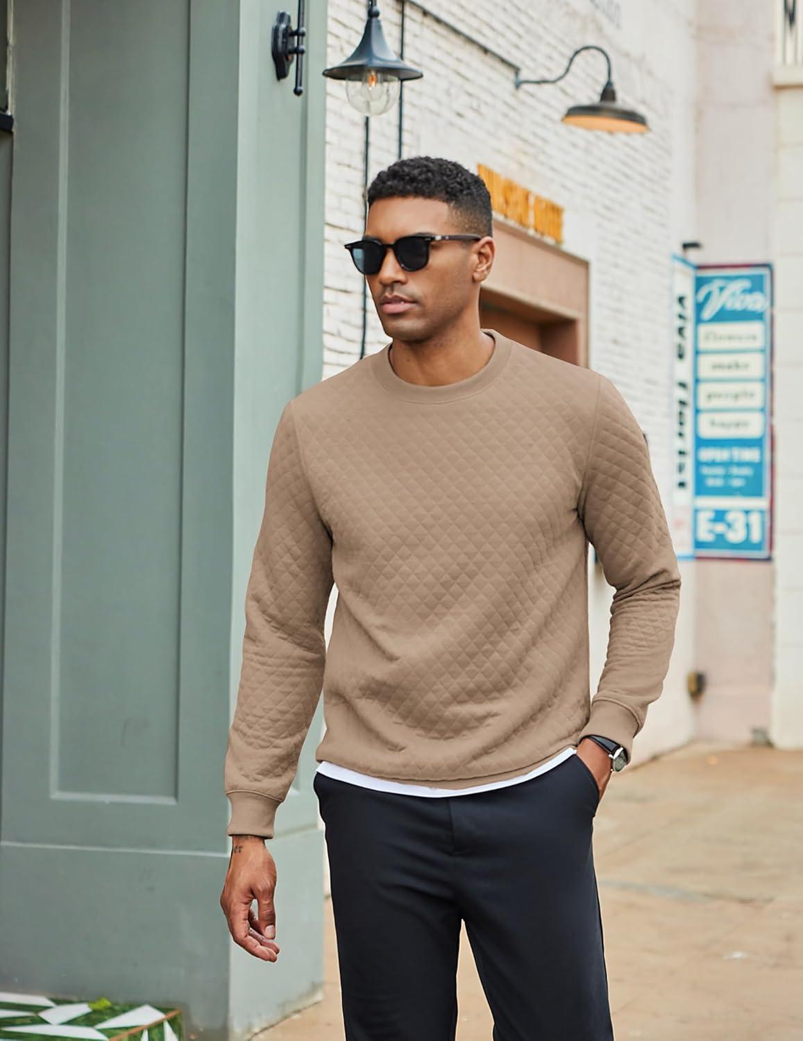 imageCOOFANDY Mens Crewneck Sweatshirt Geometric Texture Casual Long Sleeve Sweatshirts Fashion Pullover ShirtsKhaki