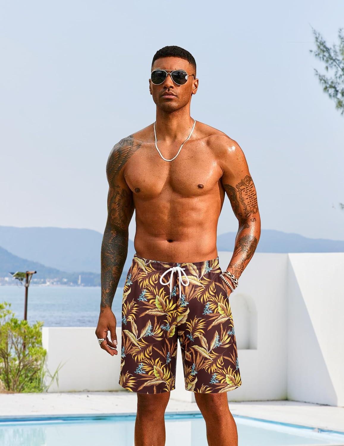 imageCOOFANDY Mens Hawaiian Beach Shorts Elastic Waist Drawstring Lightweight Summer Casual Shorts with PocketBrownyellow Leaf