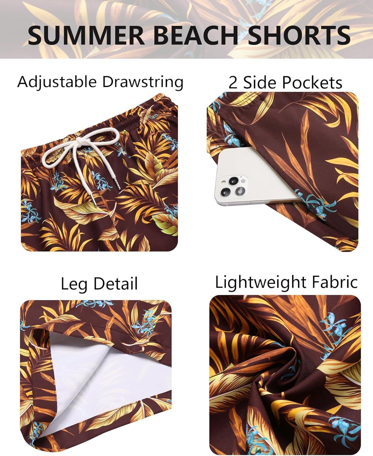 imageCOOFANDY Mens Hawaiian Beach Shorts Elastic Waist Drawstring Lightweight Summer Casual Shorts with PocketBrownyellow Leaf