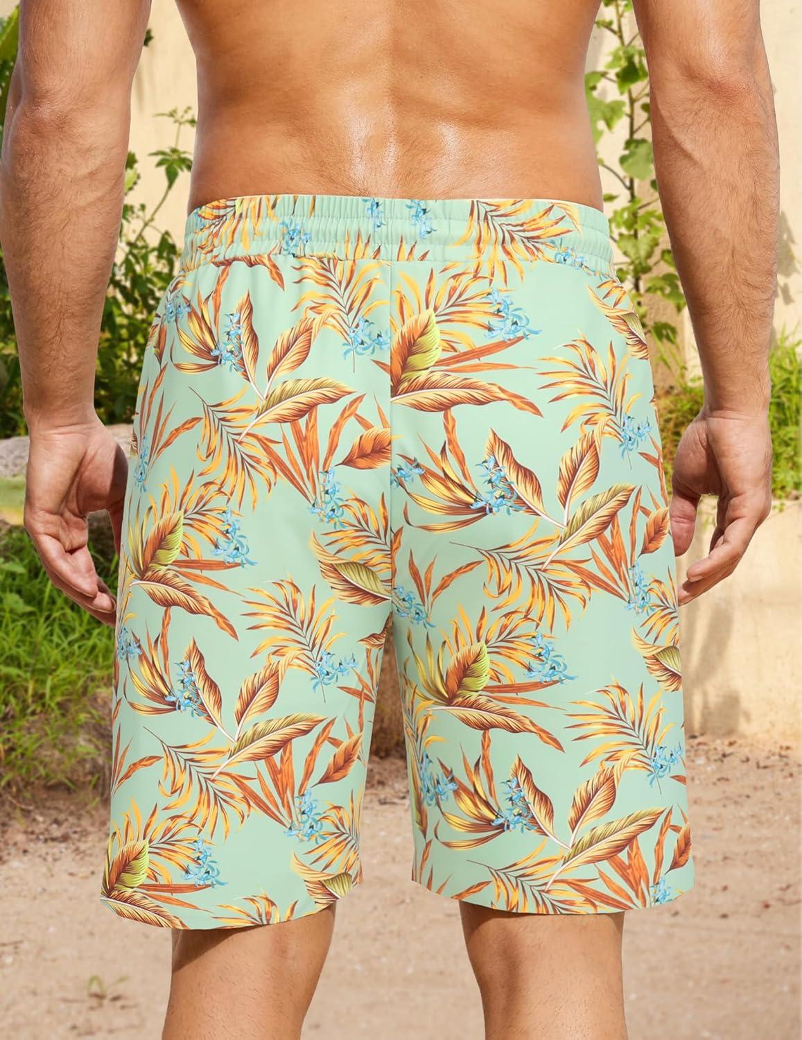 imageCOOFANDY Mens Hawaiian Beach Shorts Elastic Waist Drawstring Lightweight Summer Casual Shorts with PocketGreenyellow Leaf