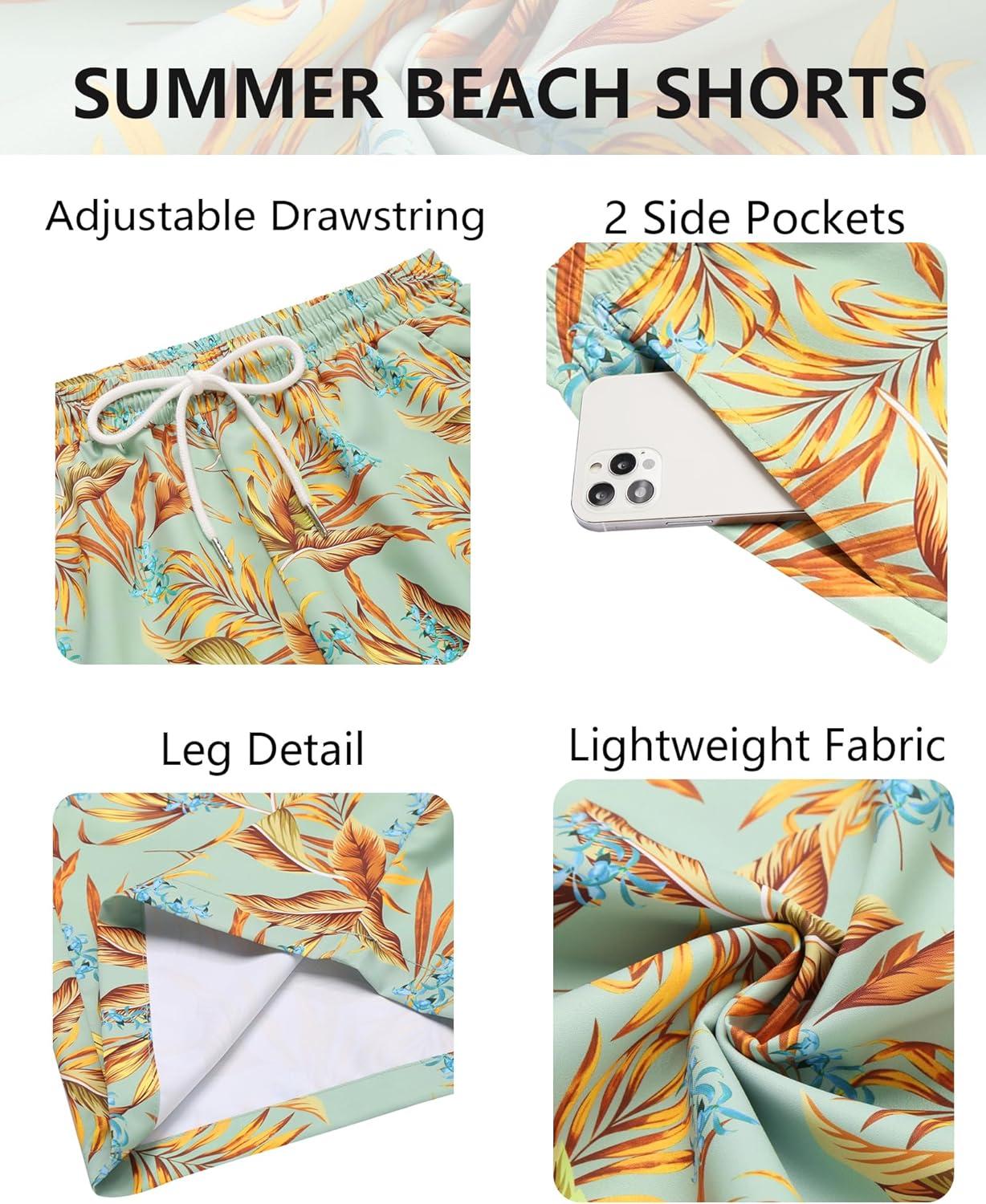 imageCOOFANDY Mens Hawaiian Beach Shorts Elastic Waist Drawstring Lightweight Summer Casual Shorts with PocketGreenyellow Leaf