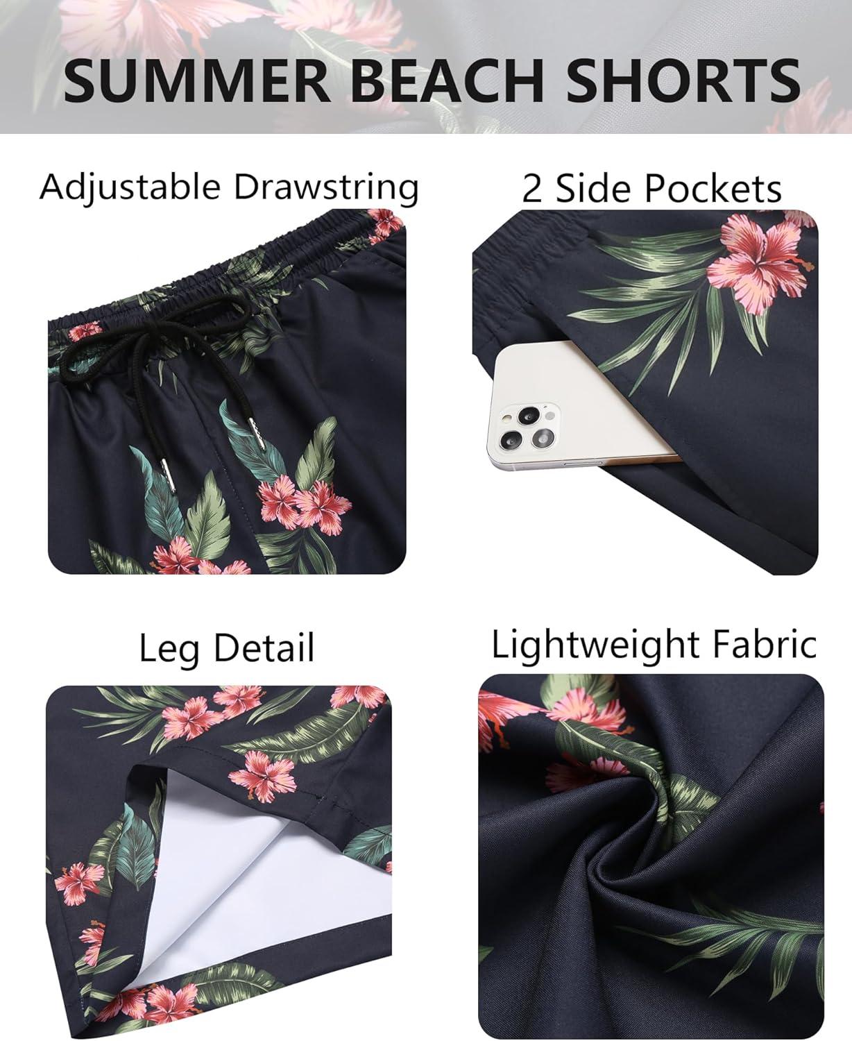 imageCOOFANDY Mens Hawaiian Beach Shorts Elastic Waist Drawstring Lightweight Summer Casual Shorts with PocketNavyflower 2