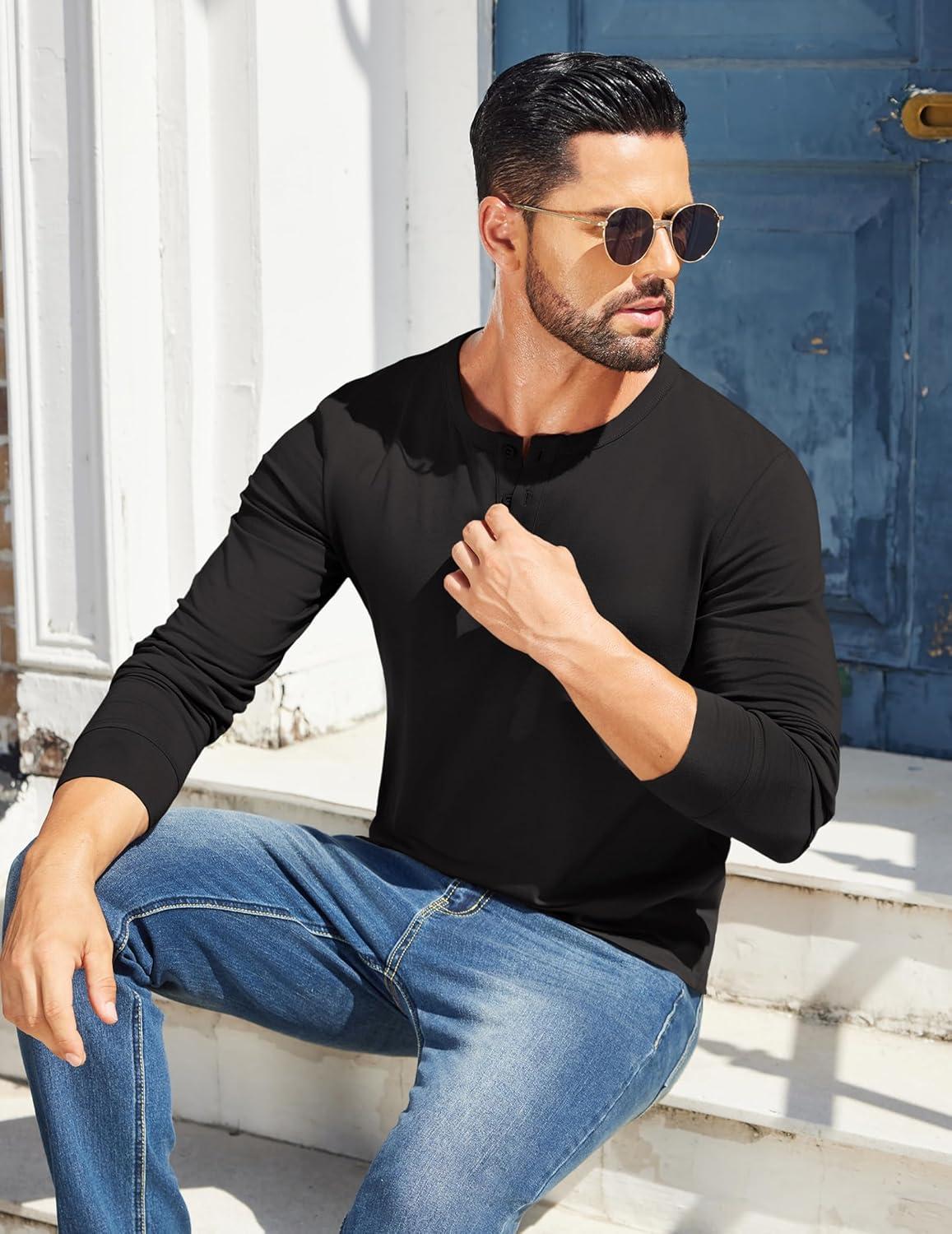 imageCOOFANDY Mens Henley Shirts Cotton Long Sleeve V Neck Button Basic Tees Plain Casual PulloverA Black