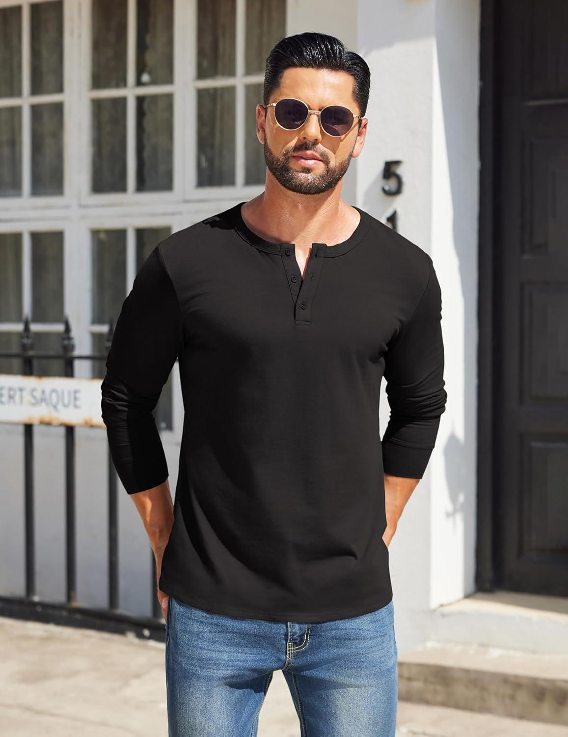 imageCOOFANDY Mens Henley Shirts Cotton Long Sleeve V Neck Button Basic Tees Plain Casual PulloverA Black