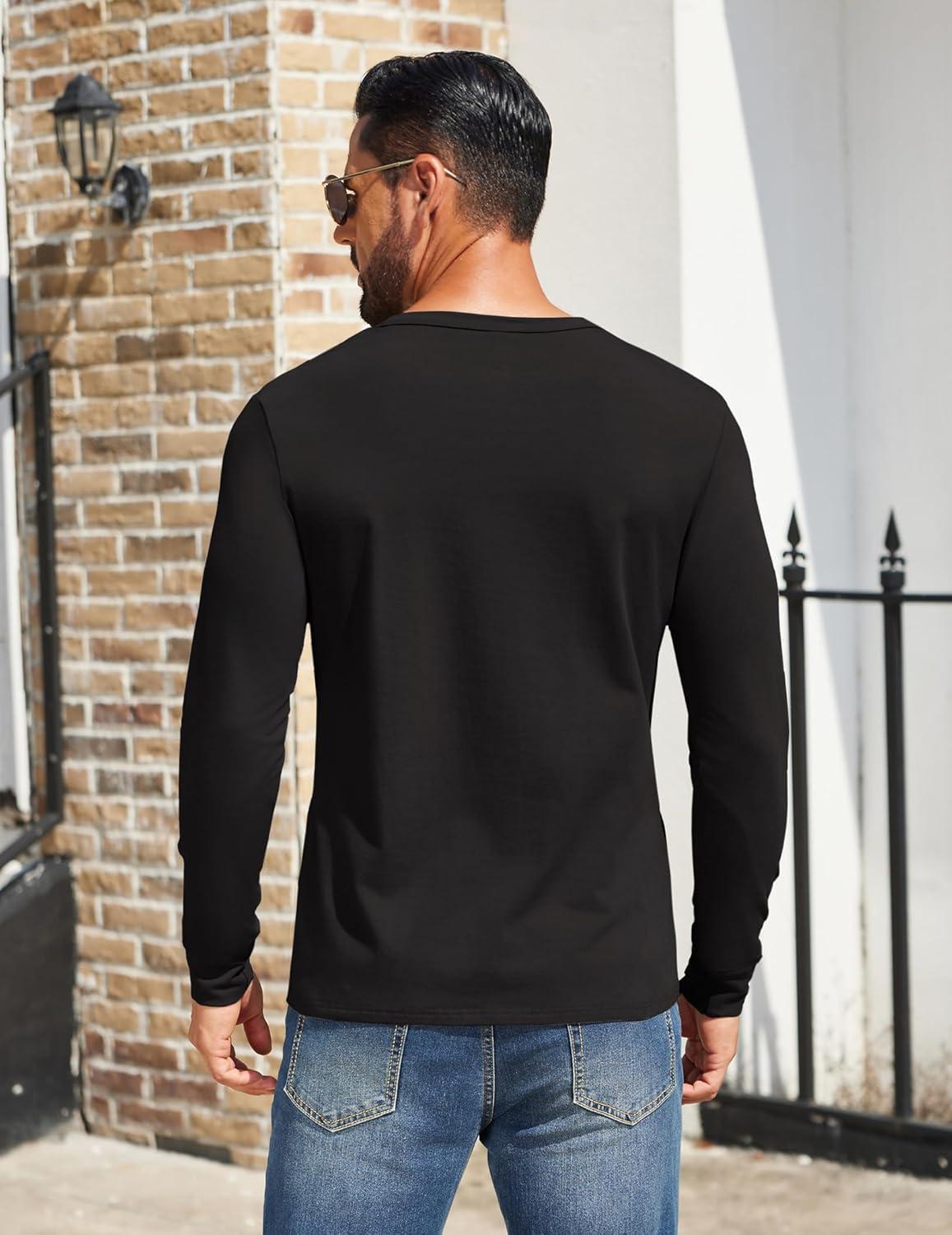 imageCOOFANDY Mens Henley Shirts Cotton Long Sleeve V Neck Button Basic Tees Plain Casual PulloverA Black