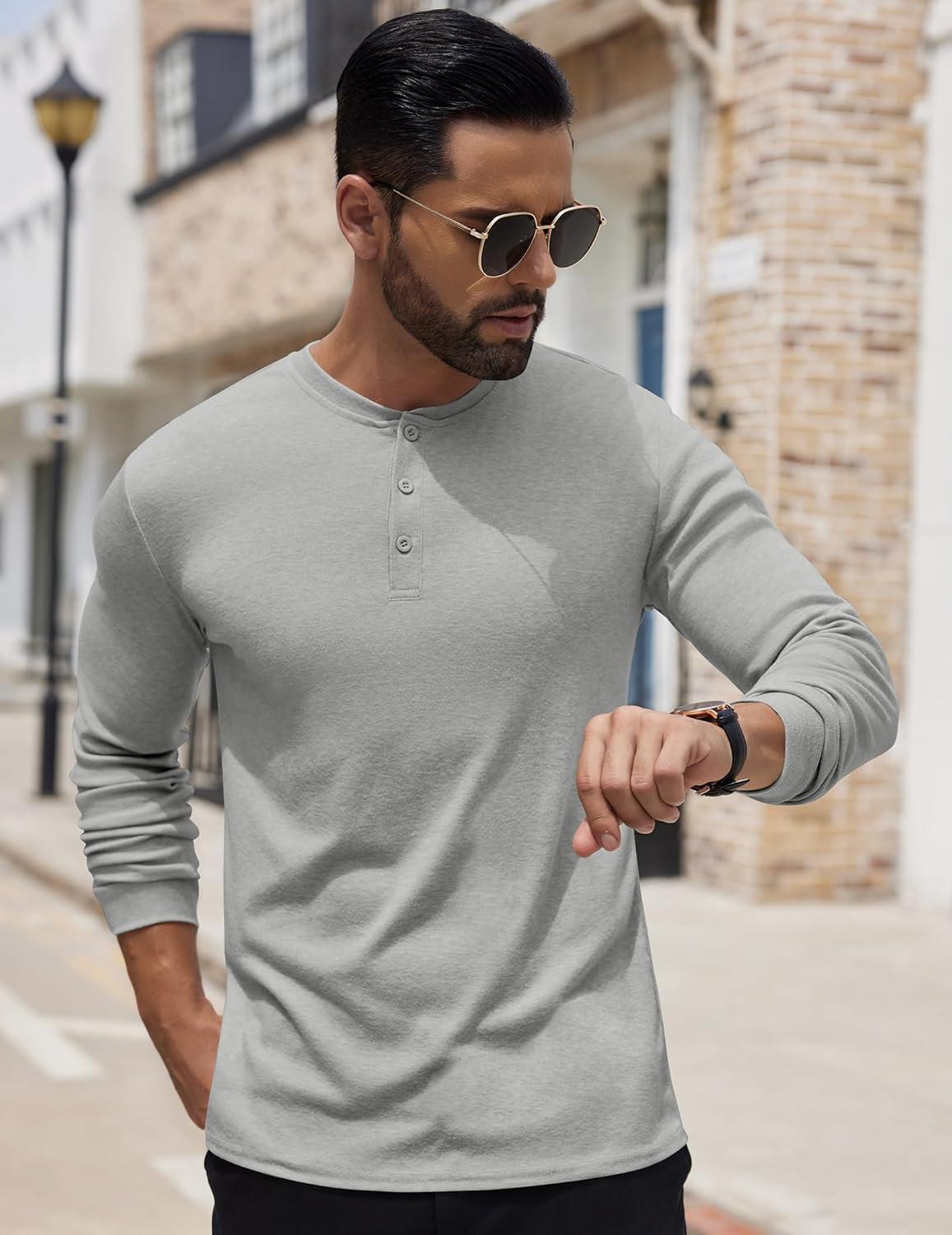 imageCOOFANDY Mens Henley Shirts Long Sleeve Button TShirt Lightweight Fashion Casual Pullover ShirtHeather Grey