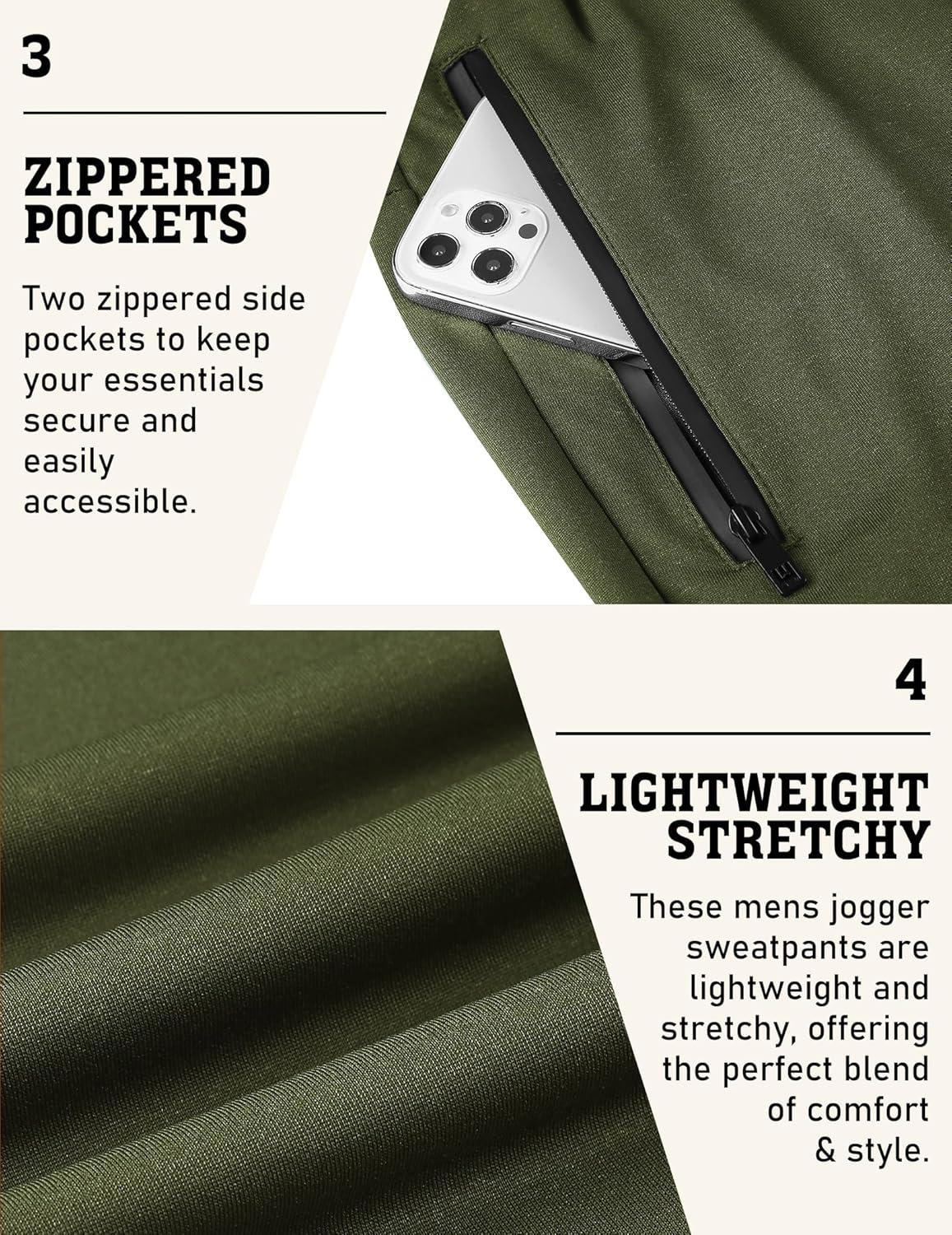 imageCOOFANDY Mens Joggers Drawstring Jogger Sweatpants with Zipper Pockets Lightweight Slim Fit Athletic Track PantsArmy Green