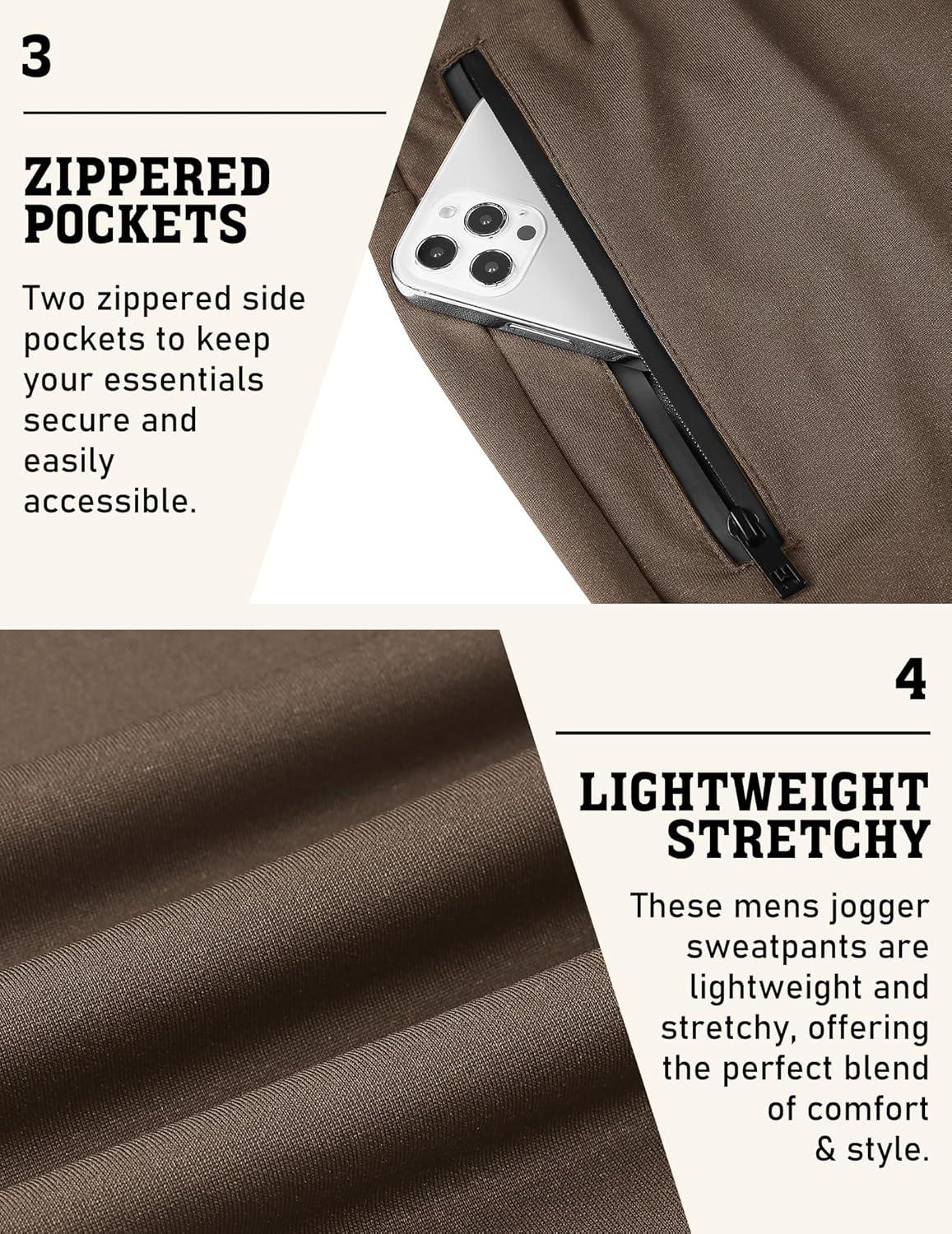 imageCOOFANDY Mens Joggers Drawstring Jogger Sweatpants with Zipper Pockets Lightweight Slim Fit Athletic Track PantsBrown