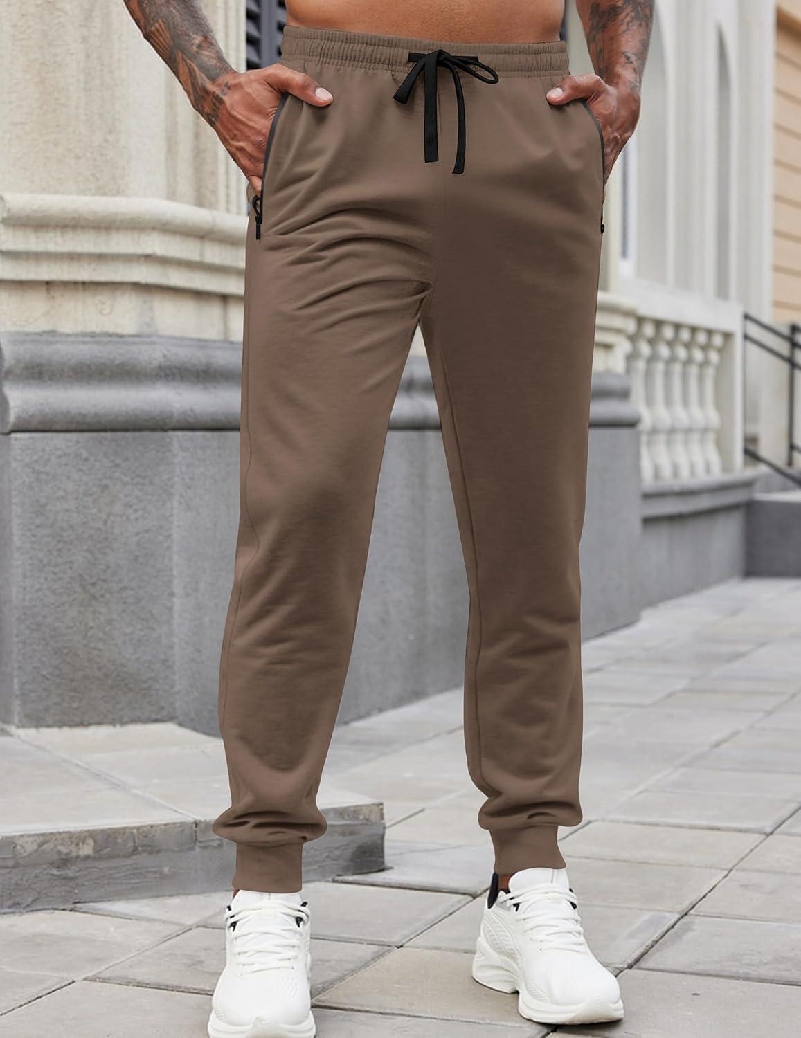 imageCOOFANDY Mens Joggers Drawstring Jogger Sweatpants with Zipper Pockets Lightweight Slim Fit Athletic Track PantsBrown