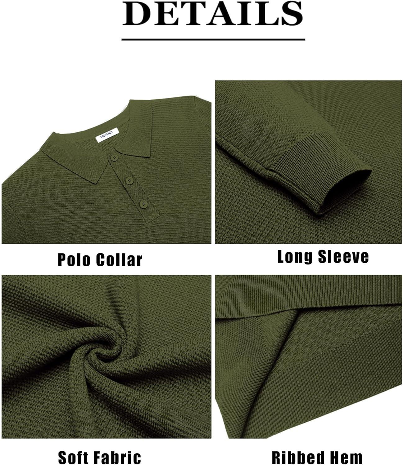 imageCOOFANDY Mens Knit Polo Shirts Casual Long Sleeve Collared Pullover Sweaters Quarter Button Ribbed Vintage Polo SweaterArmy Green