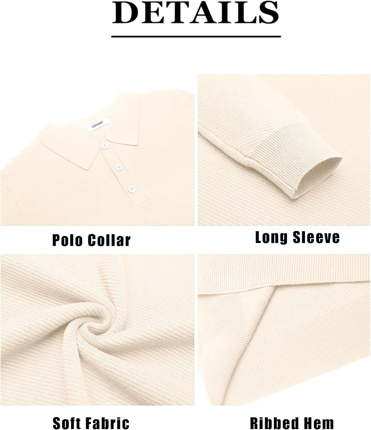 imageCOOFANDY Mens Knit Polo Shirts Casual Long Sleeve Collared Pullover Sweaters Quarter Button Ribbed Vintage Polo SweaterBeige