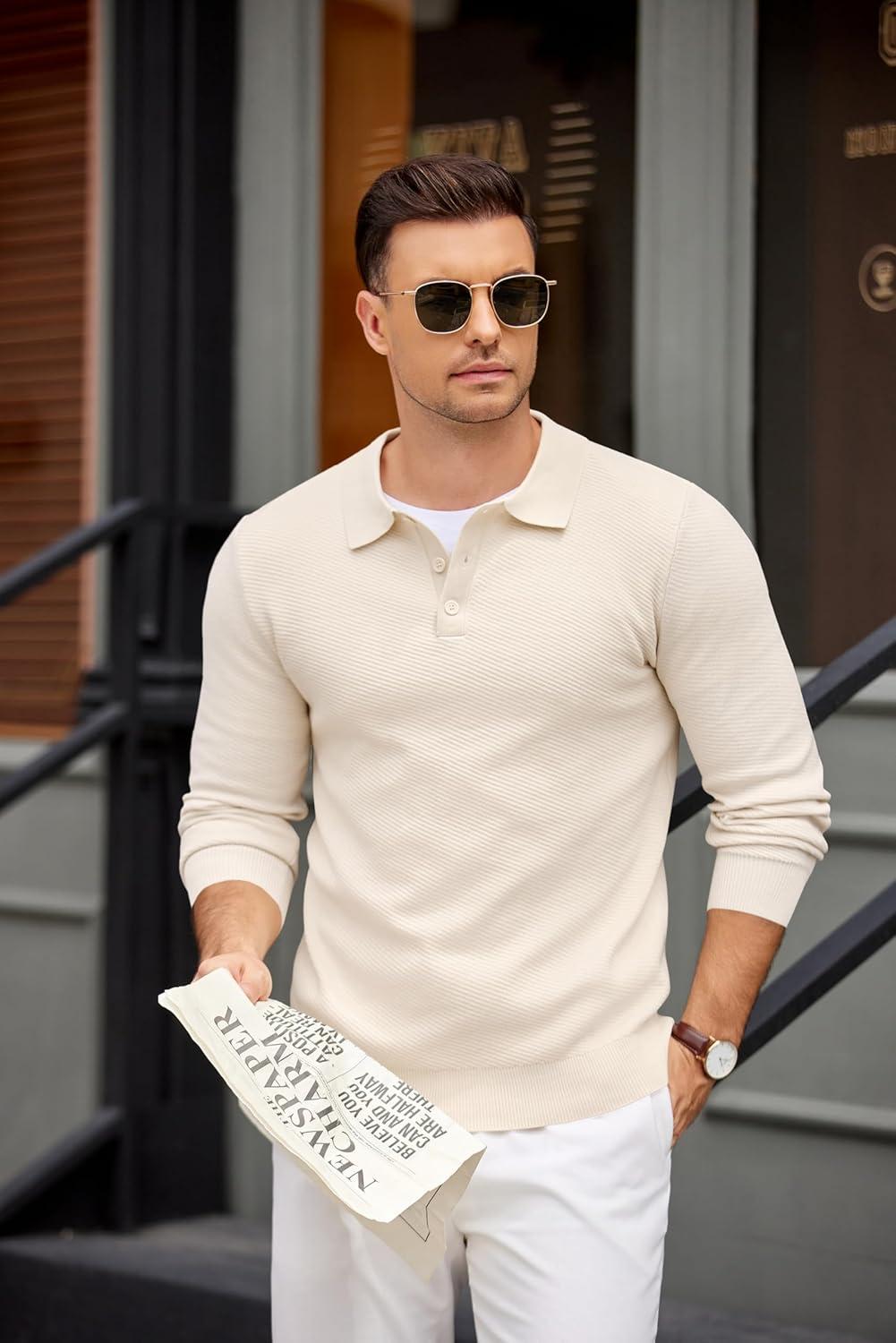 imageCOOFANDY Mens Knit Polo Shirts Casual Long Sleeve Collared Pullover Sweaters Quarter Button Ribbed Vintage Polo SweaterBeige