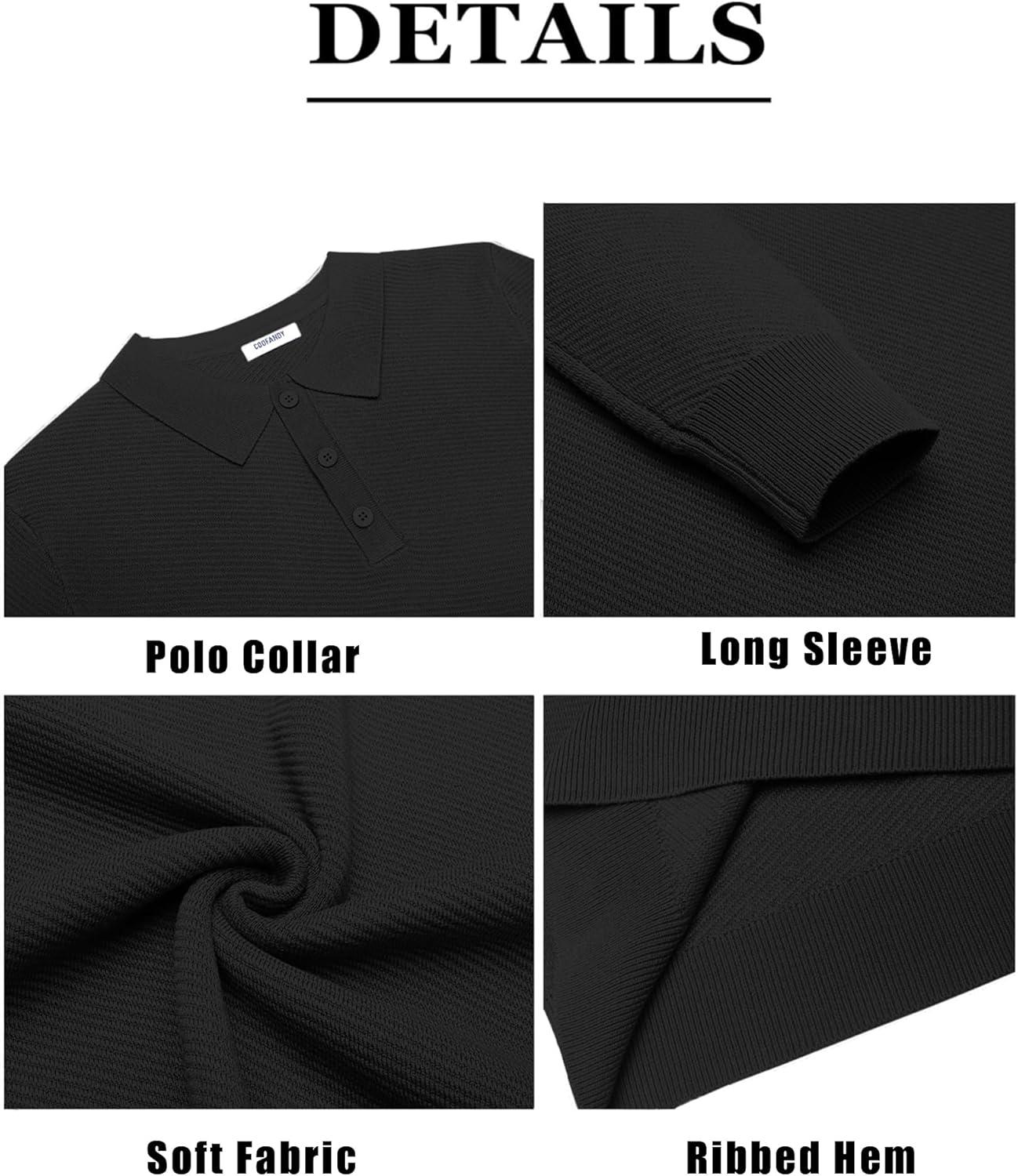 imageCOOFANDY Mens Knit Polo Shirts Casual Long Sleeve Collared Pullover Sweaters Quarter Button Ribbed Vintage Polo SweaterBlack