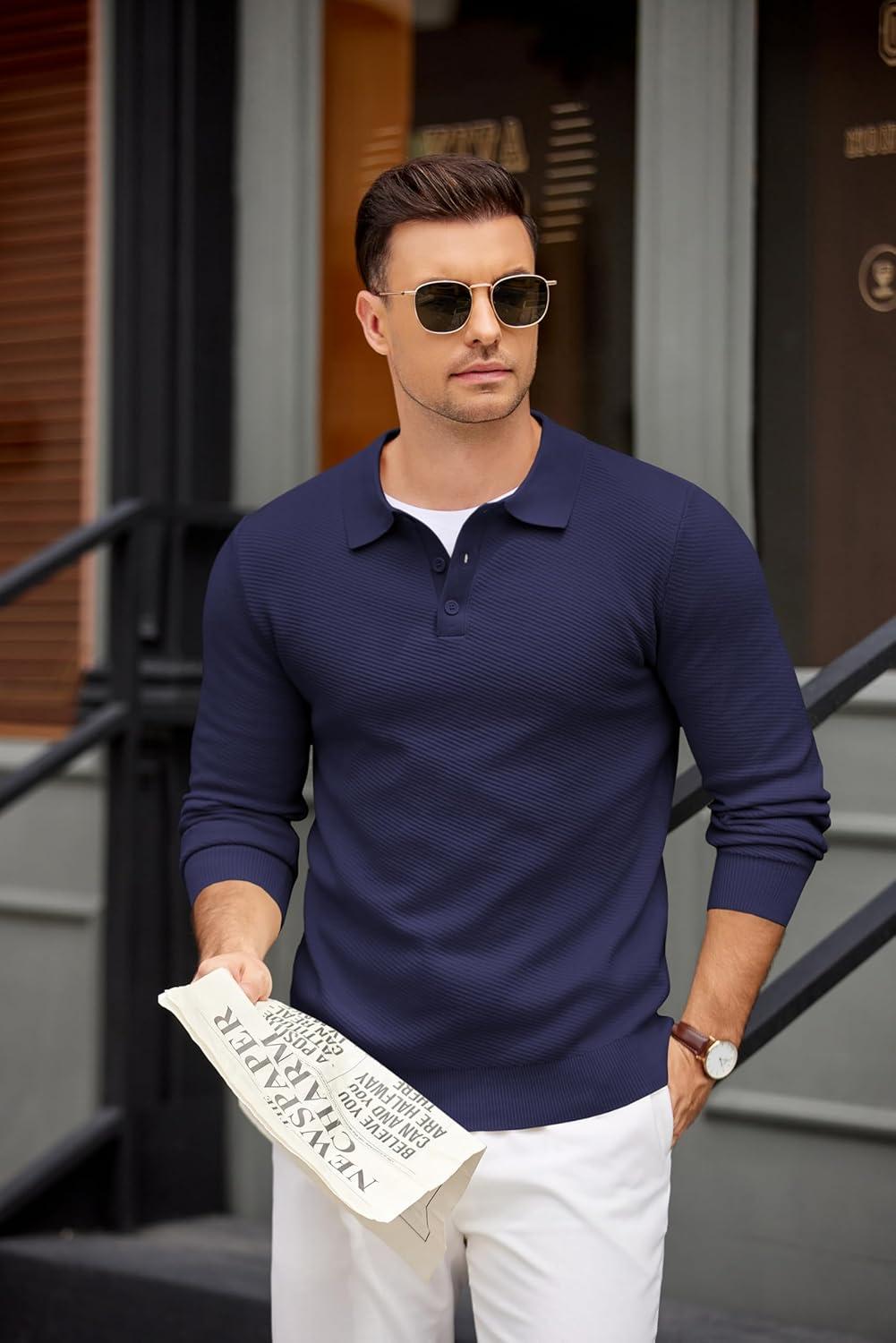 imageCOOFANDY Mens Knit Polo Shirts Casual Long Sleeve Collared Pullover Sweaters Quarter Button Ribbed Vintage Polo SweaterBulish Purple