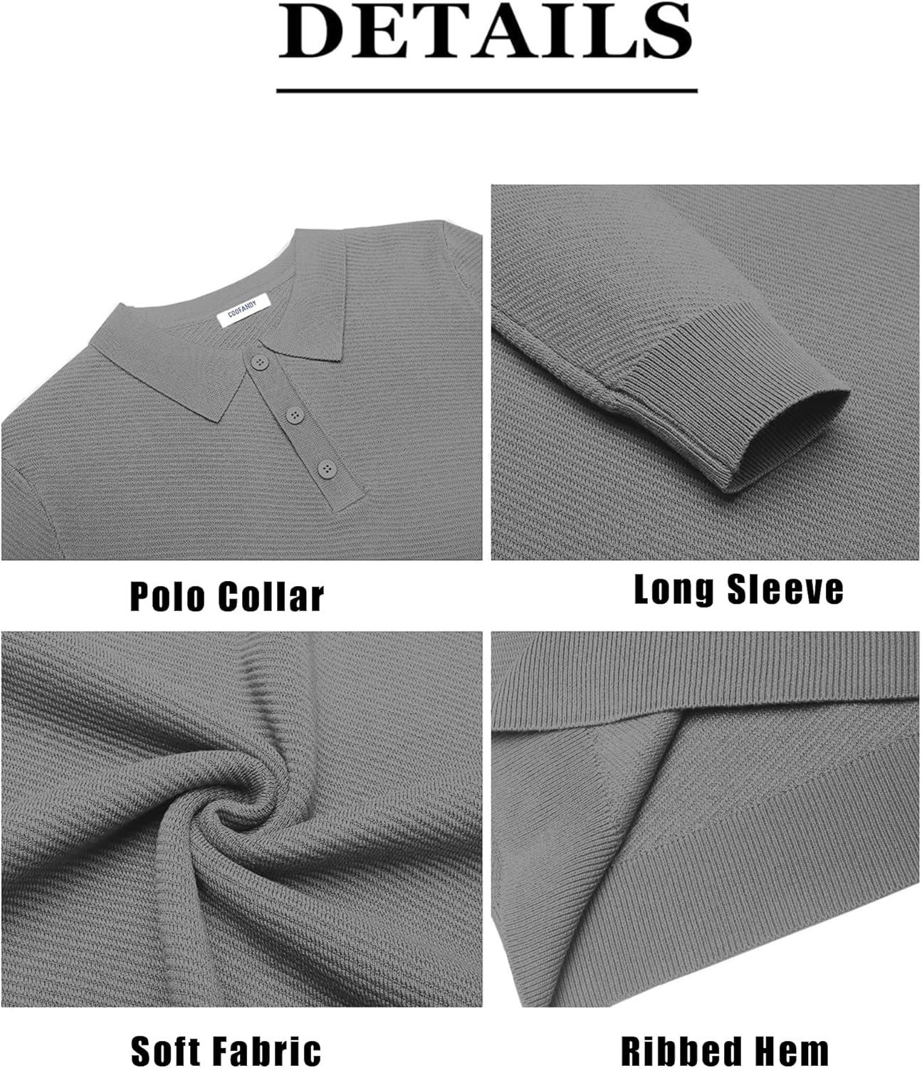 imageCOOFANDY Mens Knit Polo Shirts Casual Long Sleeve Collared Pullover Sweaters Quarter Button Ribbed Vintage Polo SweaterGray