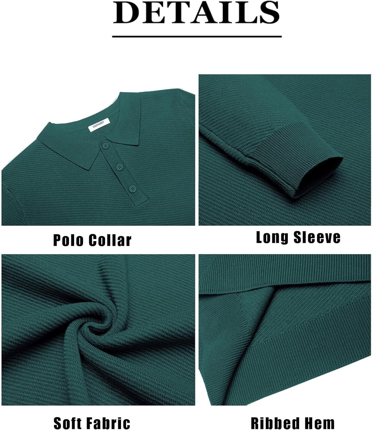 imageCOOFANDY Mens Knit Polo Shirts Casual Long Sleeve Collared Pullover Sweaters Quarter Button Ribbed Vintage Polo SweaterGreen