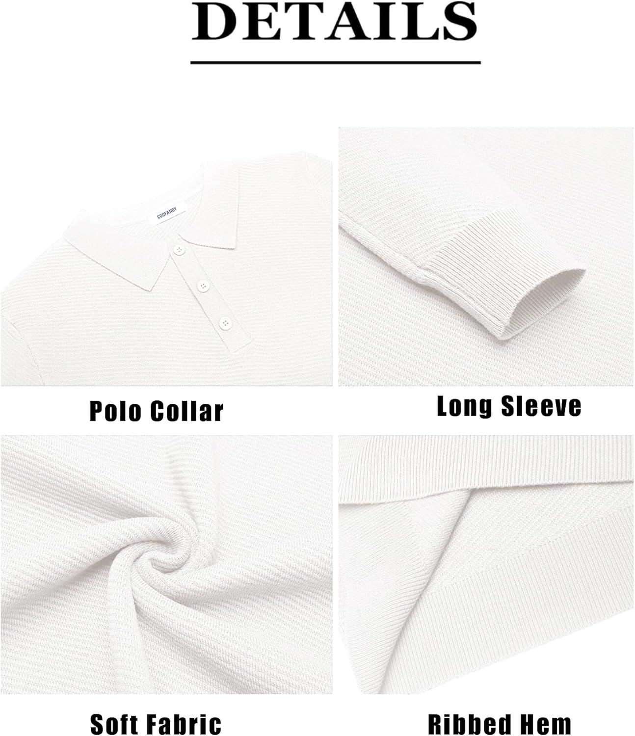 imageCOOFANDY Mens Knit Polo Shirts Casual Long Sleeve Collared Pullover Sweaters Quarter Button Ribbed Vintage Polo SweaterWhite