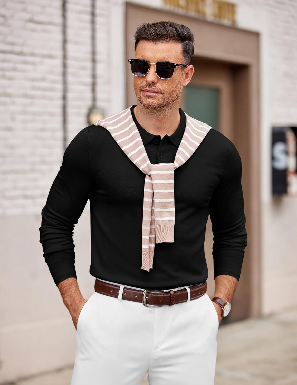 imageCOOFANDY Mens Knit Polo Sweater Long Sleeve Casual Golf Polo Lightweight Dress Button Collar Pullover SweatersBlack