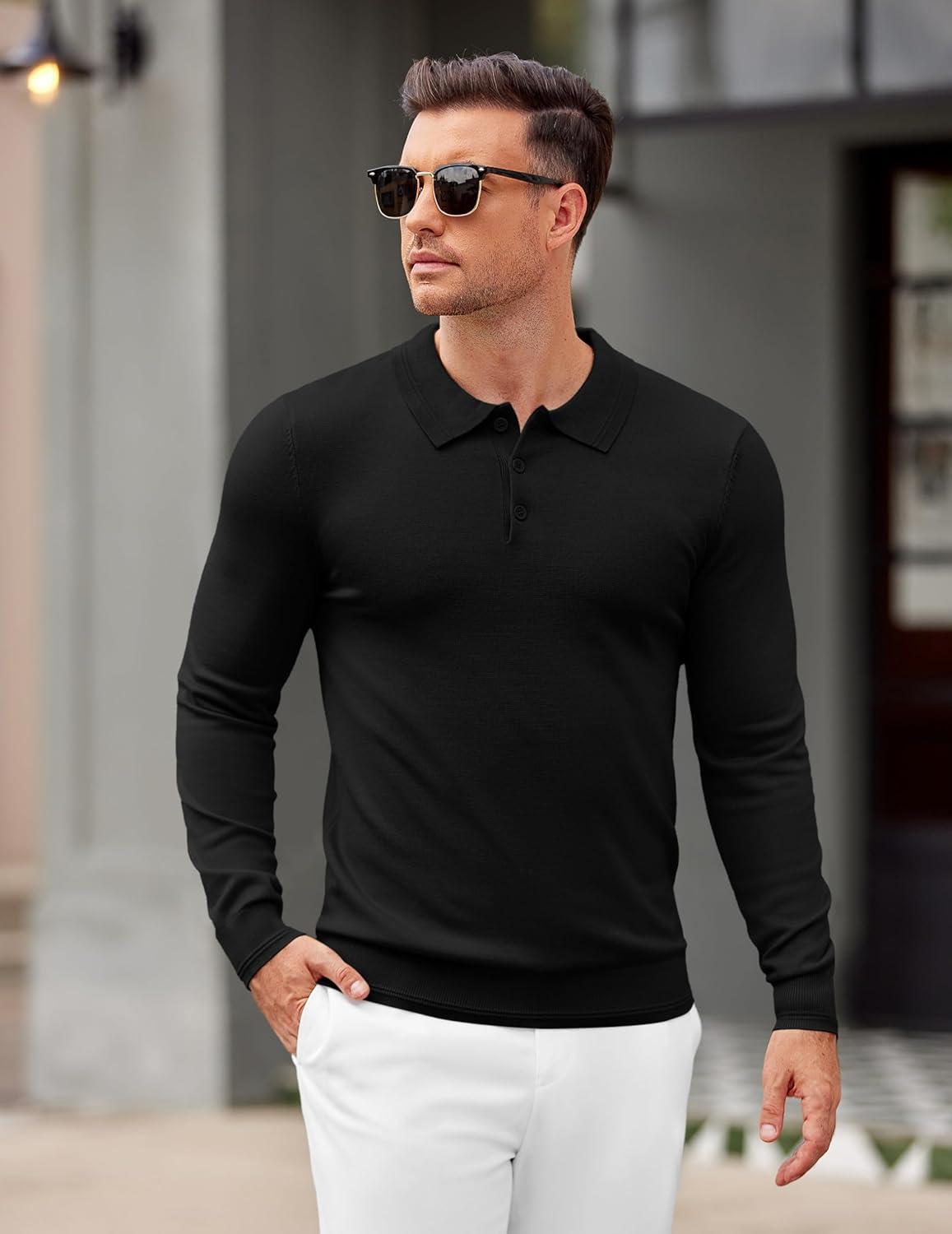 imageCOOFANDY Mens Knit Polo Sweater Long Sleeve Casual Golf Polo Lightweight Dress Button Collar Pullover SweatersBlack