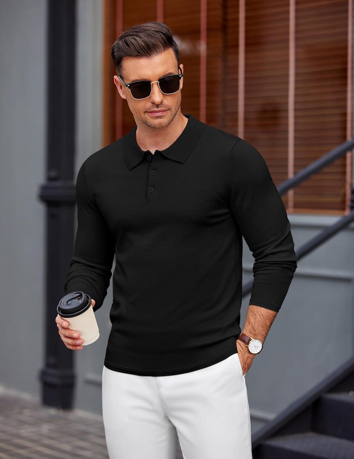imageCOOFANDY Mens Knit Polo Sweater Long Sleeve Casual Golf Polo Lightweight Dress Button Collar Pullover SweatersBlack