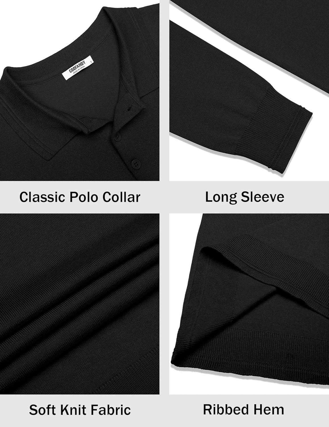 imageCOOFANDY Mens Knit Polo Sweater Long Sleeve Casual Golf Polo Lightweight Dress Button Collar Pullover SweatersBlack