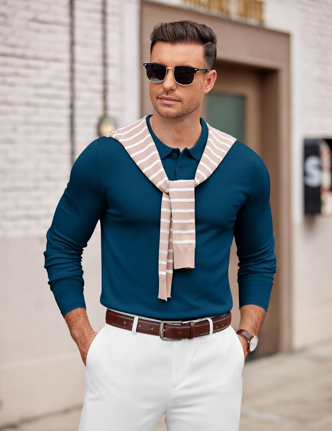 imageCOOFANDY Mens Knit Polo Sweater Long Sleeve Casual Golf Polo Lightweight Dress Button Collar Pullover SweatersDark Blue