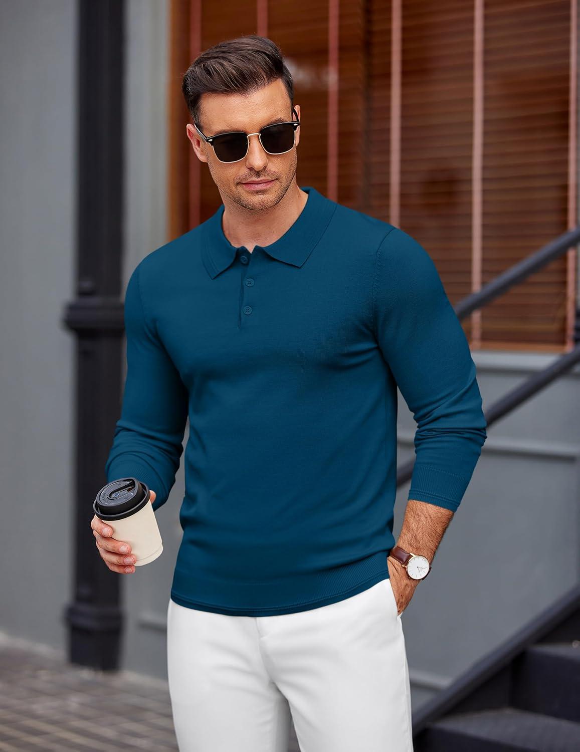 imageCOOFANDY Mens Knit Polo Sweater Long Sleeve Casual Golf Polo Lightweight Dress Button Collar Pullover SweatersDark Blue