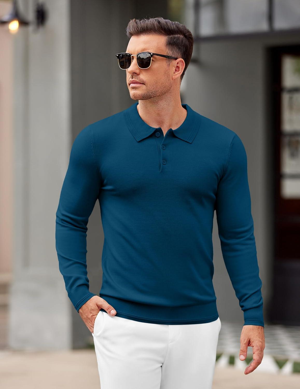 imageCOOFANDY Mens Knit Polo Sweater Long Sleeve Casual Golf Polo Lightweight Dress Button Collar Pullover SweatersDark Blue