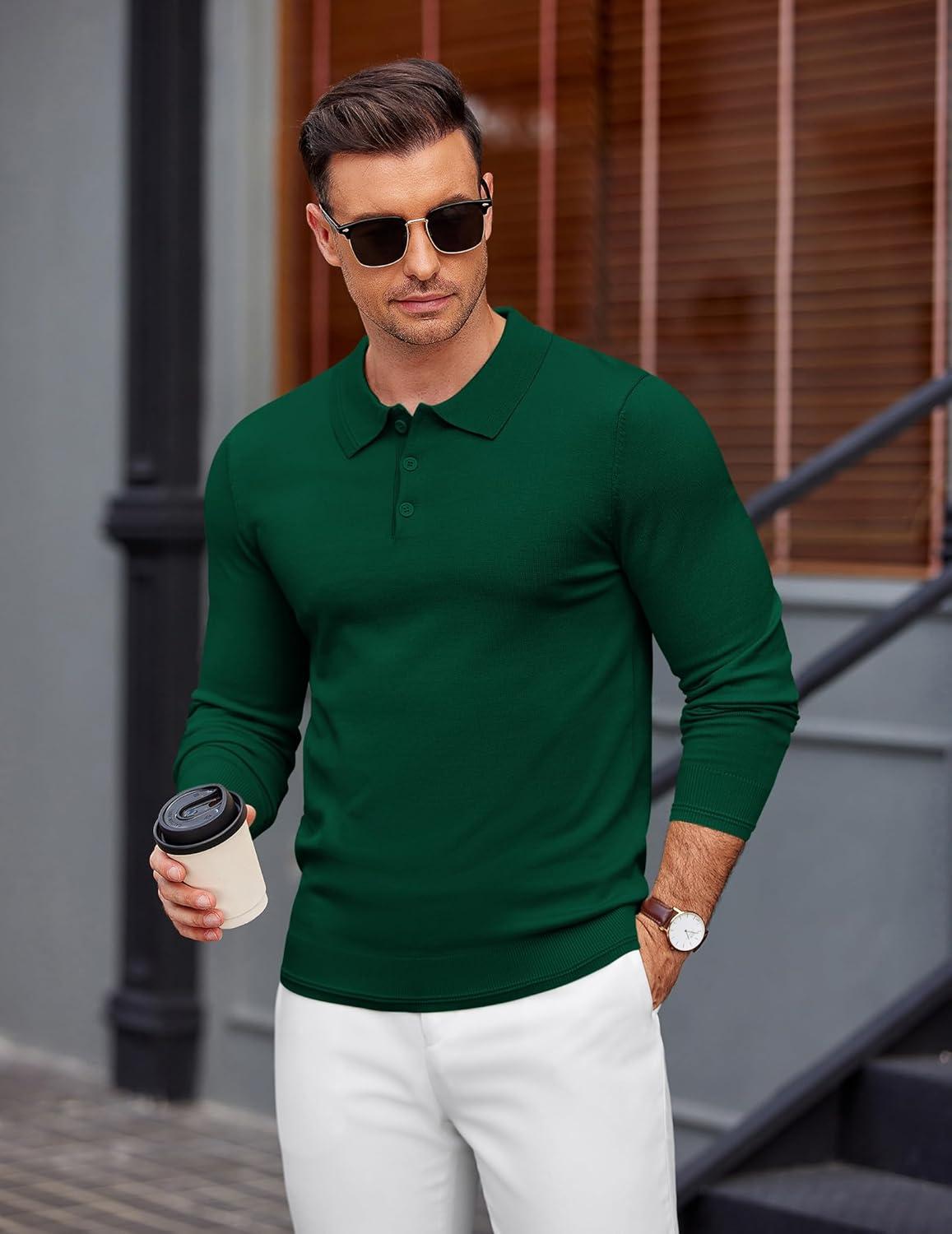 imageCOOFANDY Mens Knit Polo Sweater Long Sleeve Casual Golf Polo Lightweight Dress Button Collar Pullover SweatersDark Green