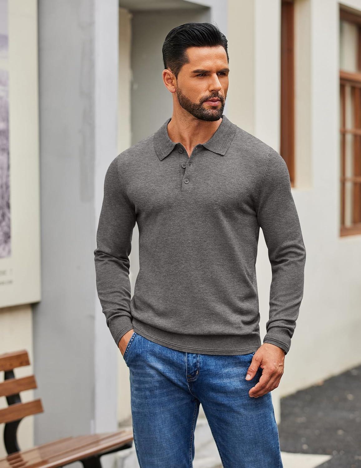imageCOOFANDY Mens Knit Polo Sweater Long Sleeve Casual Golf Polo Lightweight Dress Button Collar Pullover SweatersDark Grey