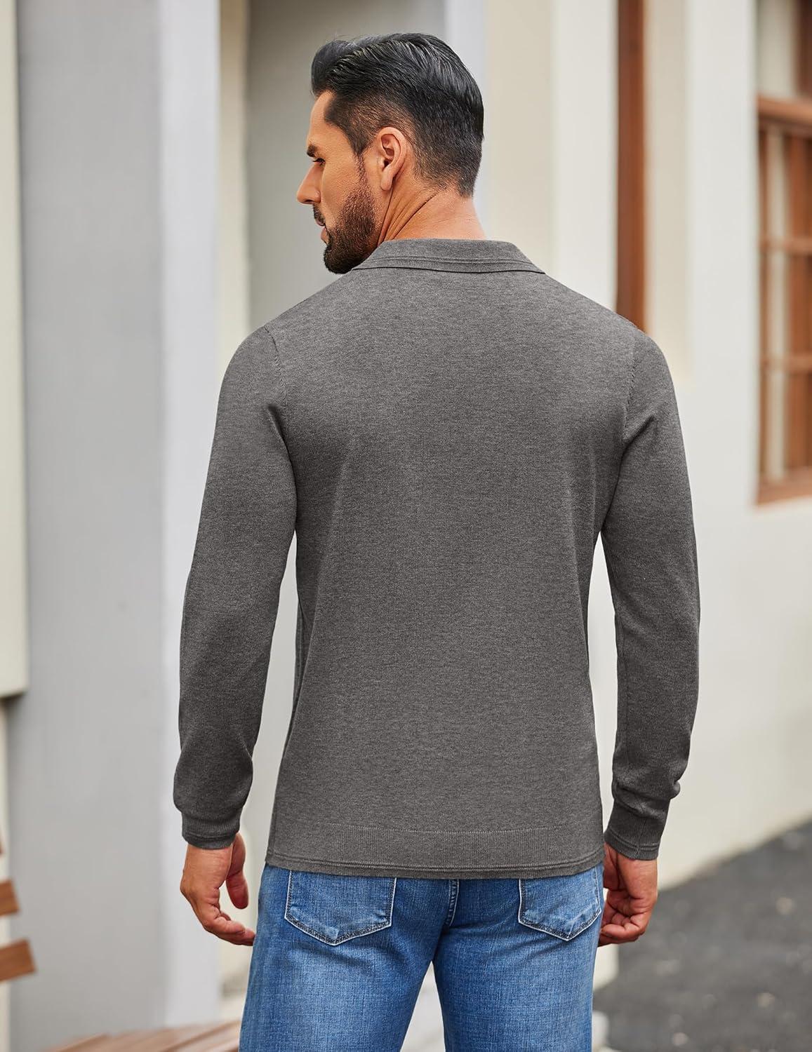 imageCOOFANDY Mens Knit Polo Sweater Long Sleeve Casual Golf Polo Lightweight Dress Button Collar Pullover SweatersDark Grey