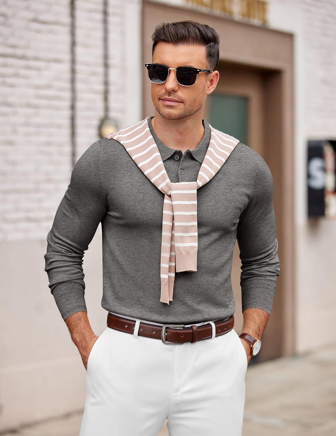 imageCOOFANDY Mens Knit Polo Sweater Long Sleeve Casual Golf Polo Lightweight Dress Button Collar Pullover SweatersDark Grey