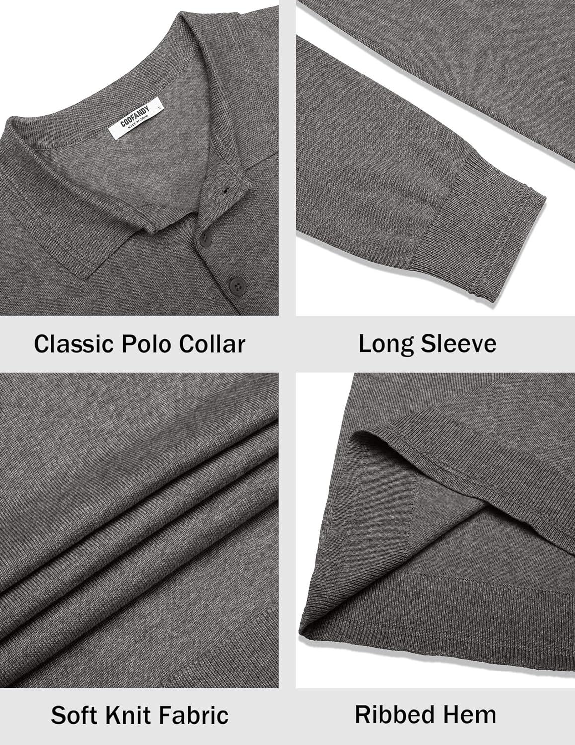 imageCOOFANDY Mens Knit Polo Sweater Long Sleeve Casual Golf Polo Lightweight Dress Button Collar Pullover SweatersDark Grey