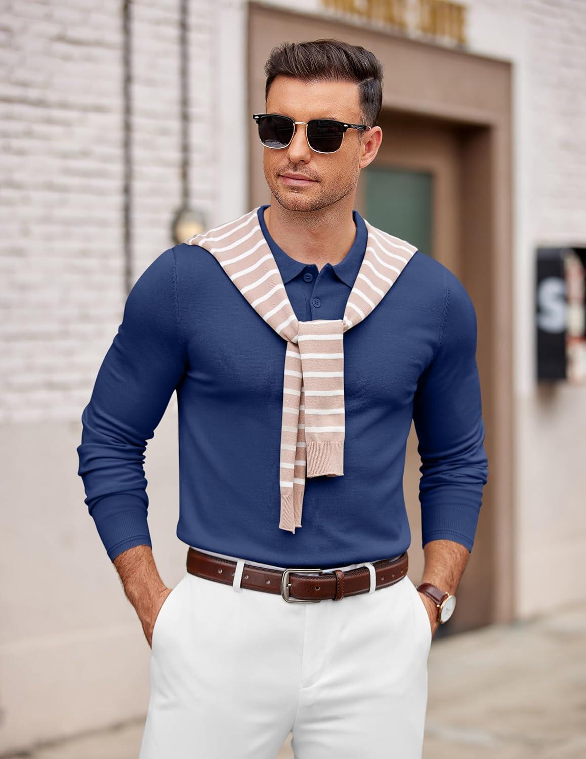 imageCOOFANDY Mens Knit Polo Sweater Long Sleeve Casual Golf Polo Lightweight Dress Button Collar Pullover SweatersDemin Blue