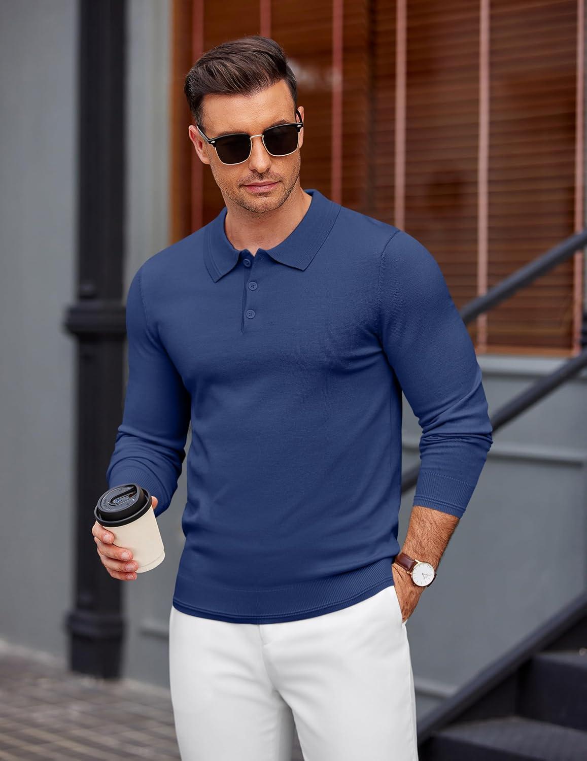 imageCOOFANDY Mens Knit Polo Sweater Long Sleeve Casual Golf Polo Lightweight Dress Button Collar Pullover SweatersDemin Blue