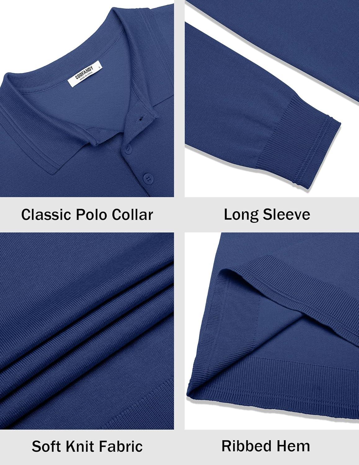 imageCOOFANDY Mens Knit Polo Sweater Long Sleeve Casual Golf Polo Lightweight Dress Button Collar Pullover SweatersDemin Blue