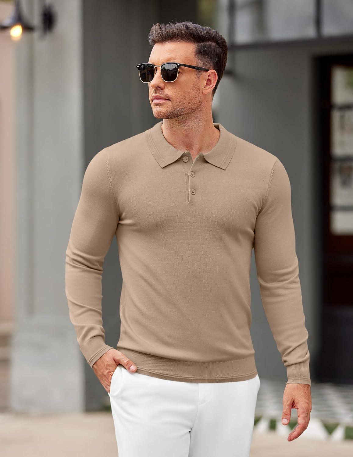 imageCOOFANDY Mens Knit Polo Sweater Long Sleeve Casual Golf Polo Lightweight Dress Button Collar Pullover SweatersKhaki