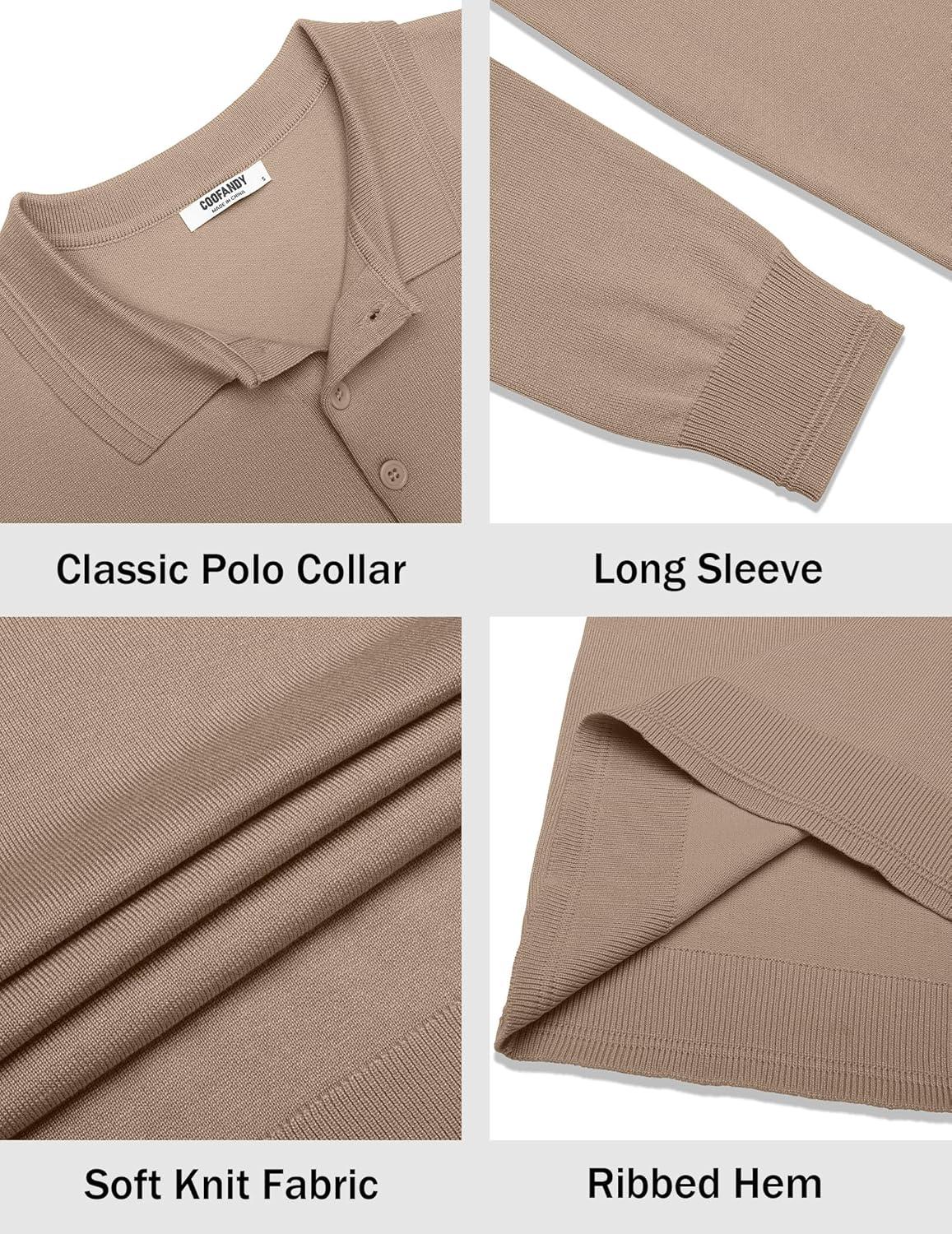 imageCOOFANDY Mens Knit Polo Sweater Long Sleeve Casual Golf Polo Lightweight Dress Button Collar Pullover SweatersKhaki