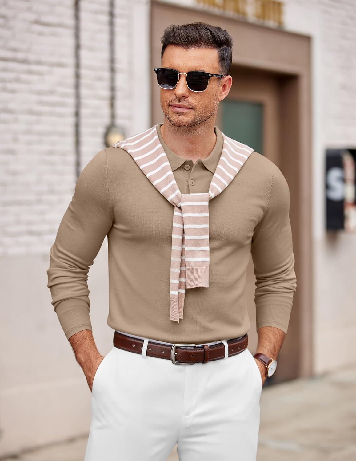 imageCOOFANDY Mens Knit Polo Sweater Long Sleeve Casual Golf Polo Lightweight Dress Button Collar Pullover SweatersKhaki