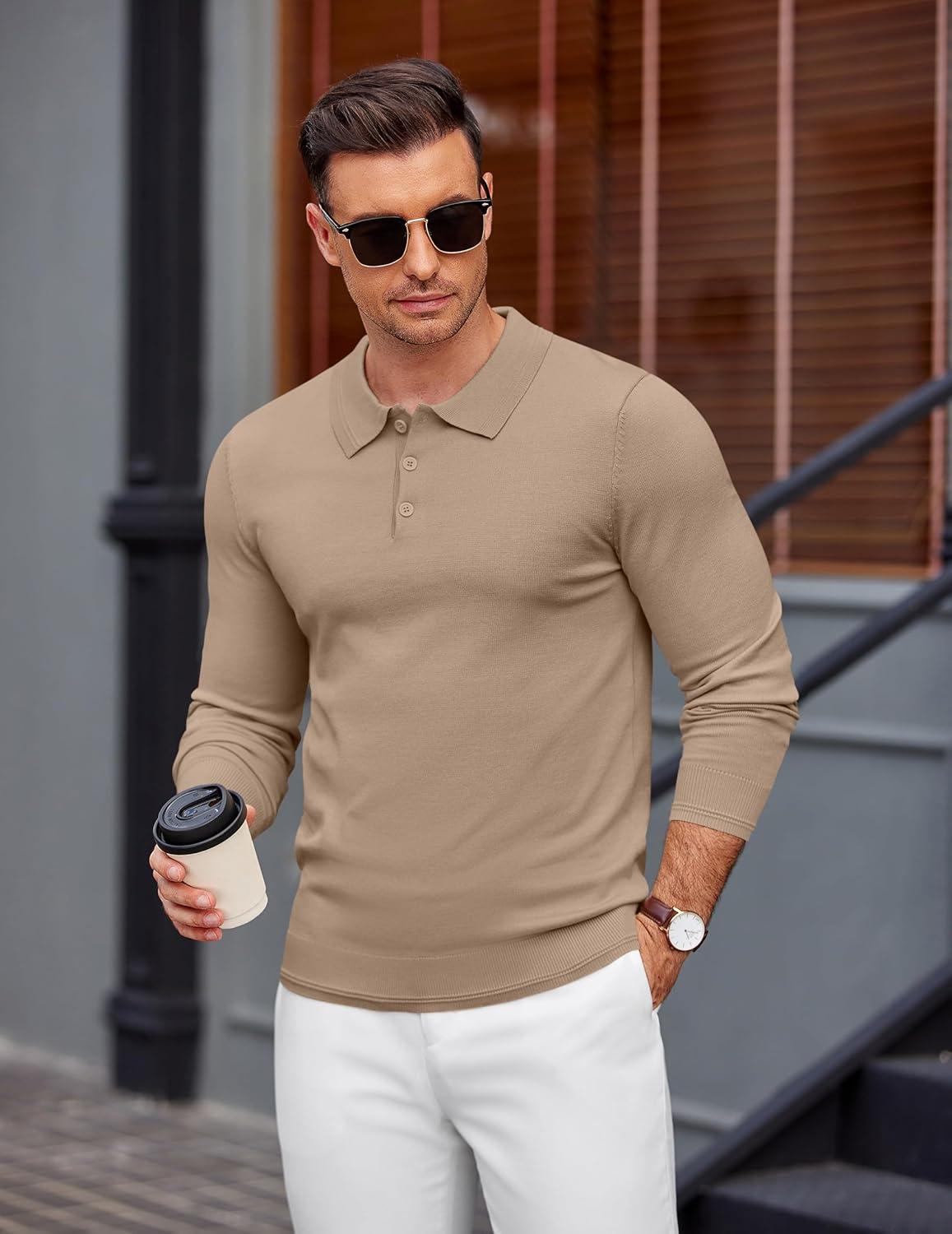 imageCOOFANDY Mens Knit Polo Sweater Long Sleeve Casual Golf Polo Lightweight Dress Button Collar Pullover SweatersKhaki