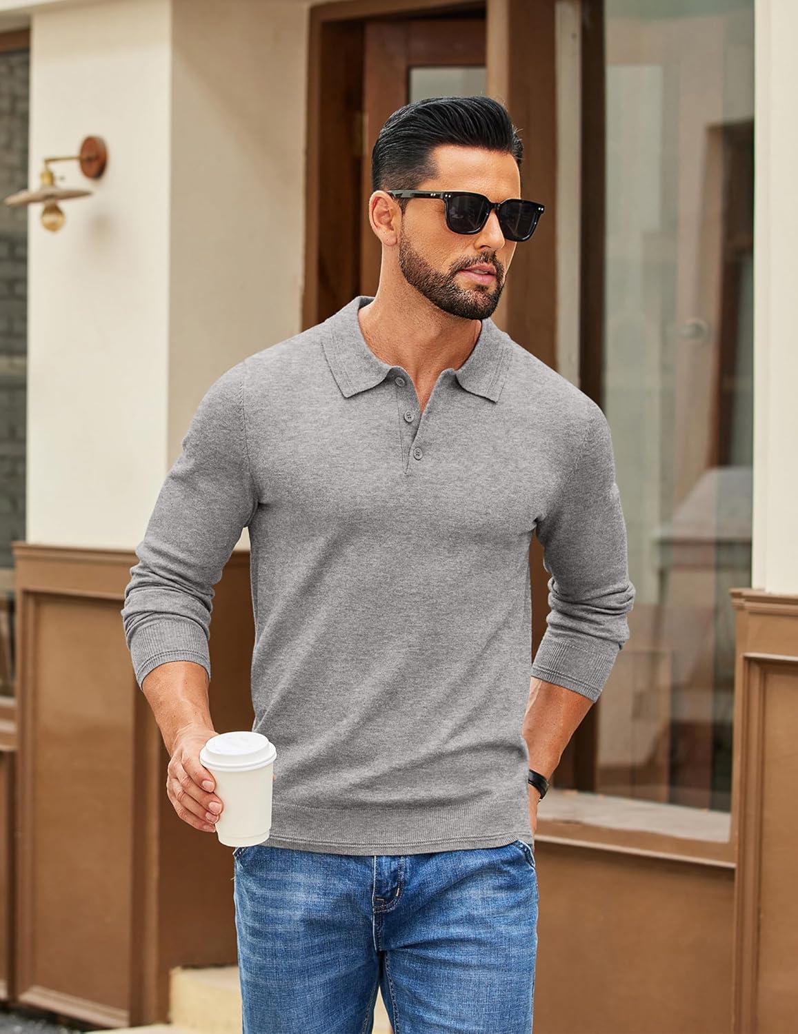 imageCOOFANDY Mens Knit Polo Sweater Long Sleeve Casual Golf Polo Lightweight Dress Button Collar Pullover SweatersLight Grey