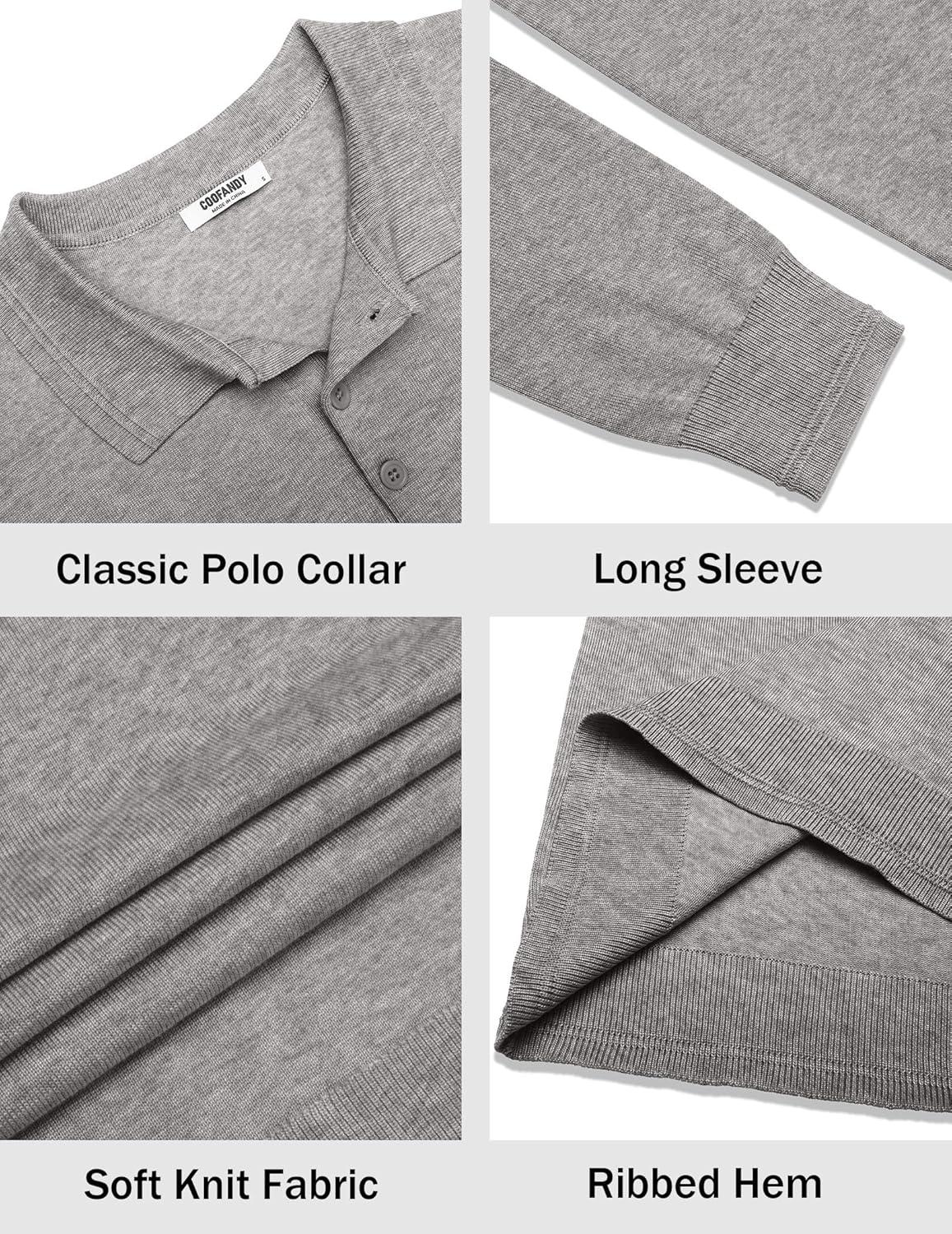 imageCOOFANDY Mens Knit Polo Sweater Long Sleeve Casual Golf Polo Lightweight Dress Button Collar Pullover SweatersLight Grey