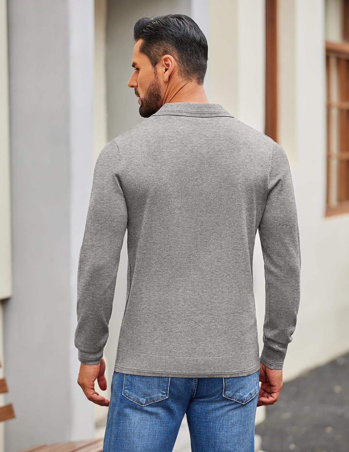 imageCOOFANDY Mens Knit Polo Sweater Long Sleeve Casual Golf Polo Lightweight Dress Button Collar Pullover SweatersLight Grey