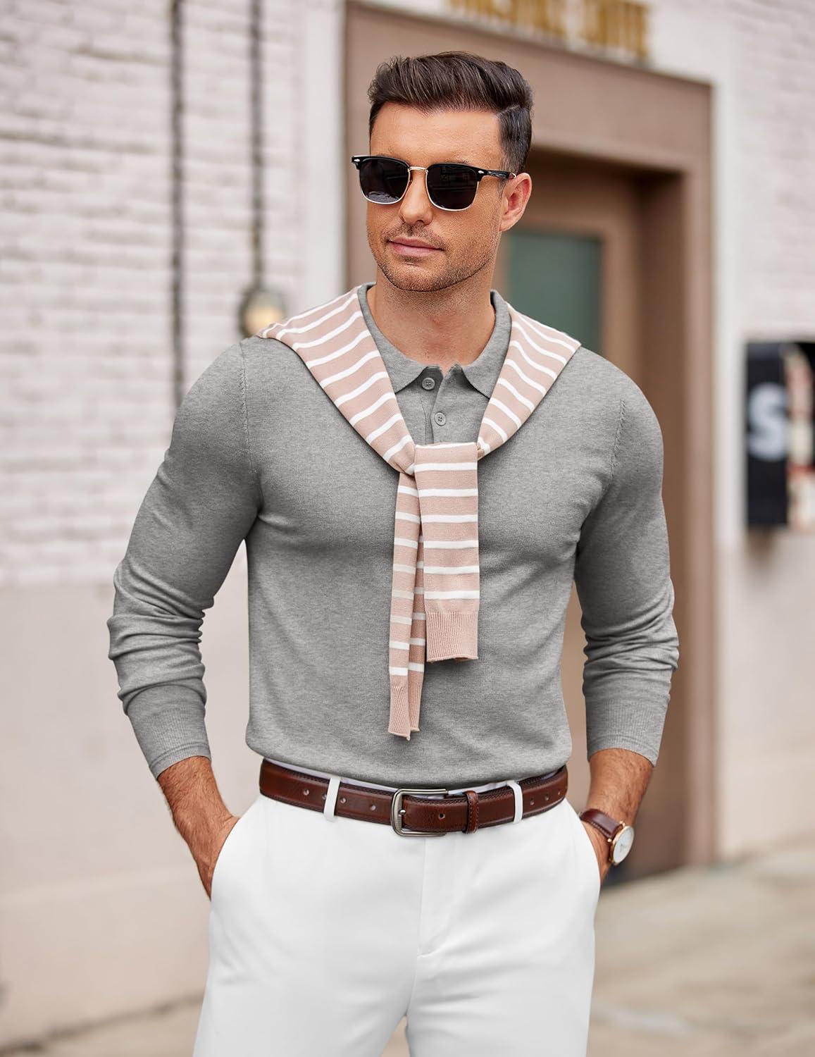 imageCOOFANDY Mens Knit Polo Sweater Long Sleeve Casual Golf Polo Lightweight Dress Button Collar Pullover SweatersLight Grey