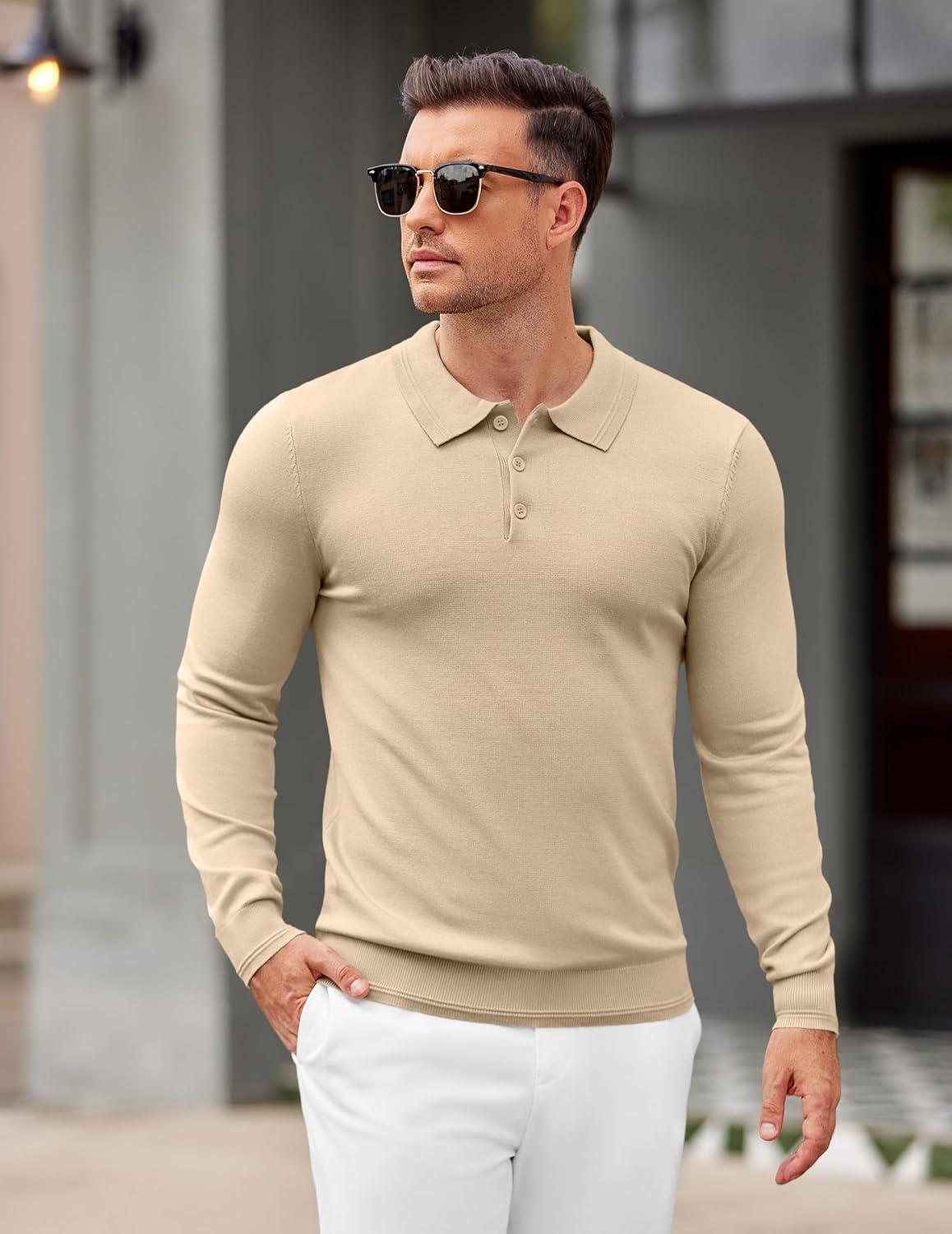 imageCOOFANDY Mens Knit Polo Sweater Long Sleeve Casual Golf Polo Lightweight Dress Button Collar Pullover SweatersLight Khaki